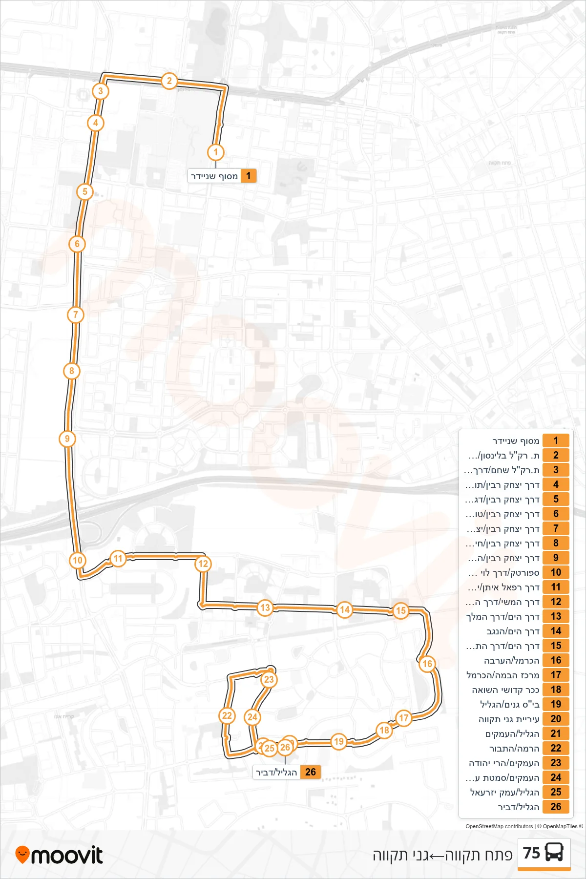 75 bus Line (Petah Tikva‎→Ganei Tikva) route and stops on a map