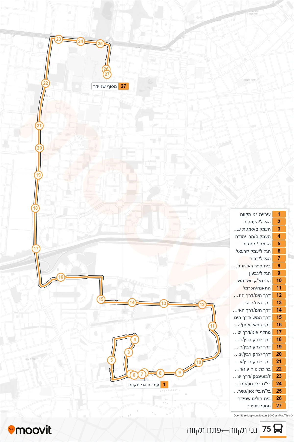 75  Line (Ganei Tikva‎→Petah Tikva) route and stops on a map
