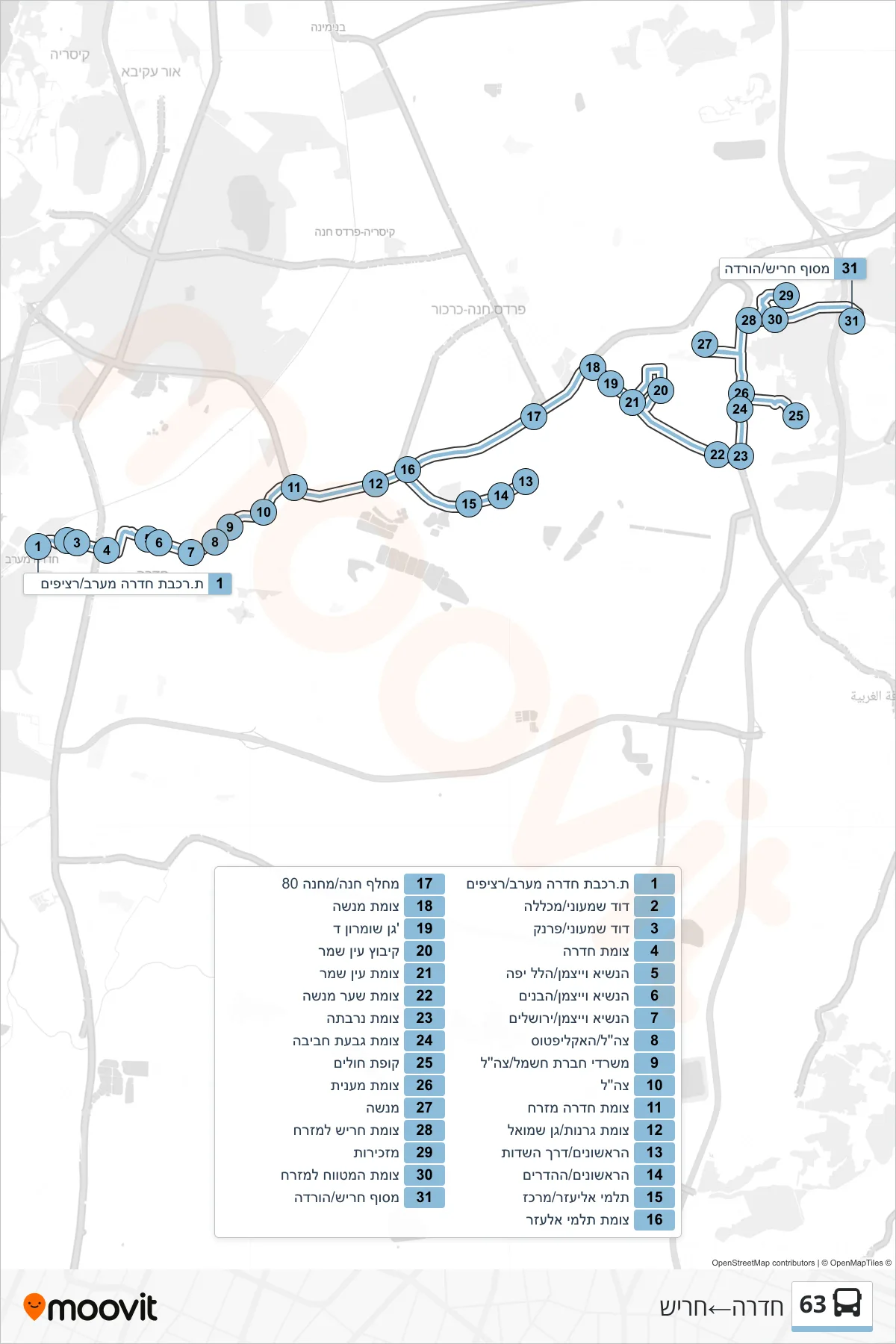63 bus Line (Hadera→Harish) route and stops on a map