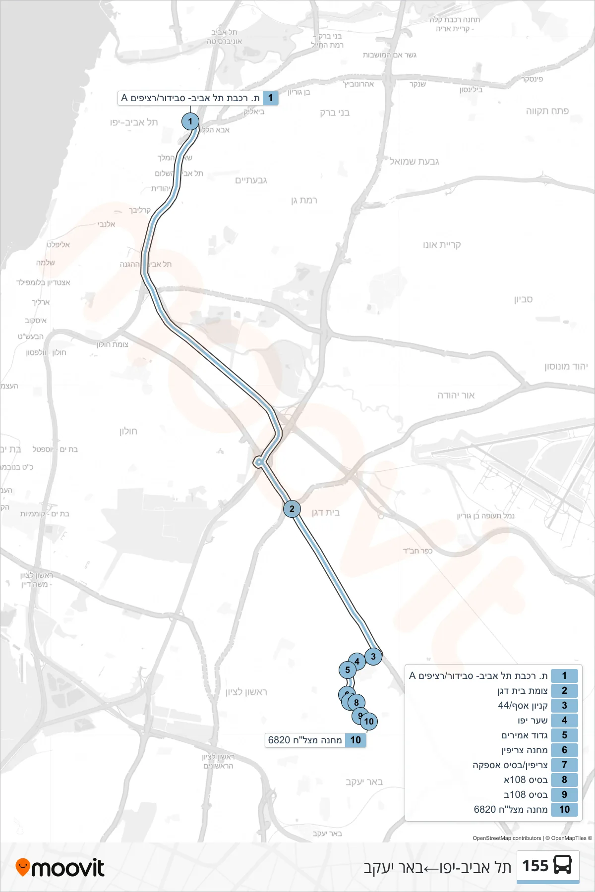 155 bus Line (Tel Aviv-Yafo‎→Be'er Ya'akov) route and stops on a map