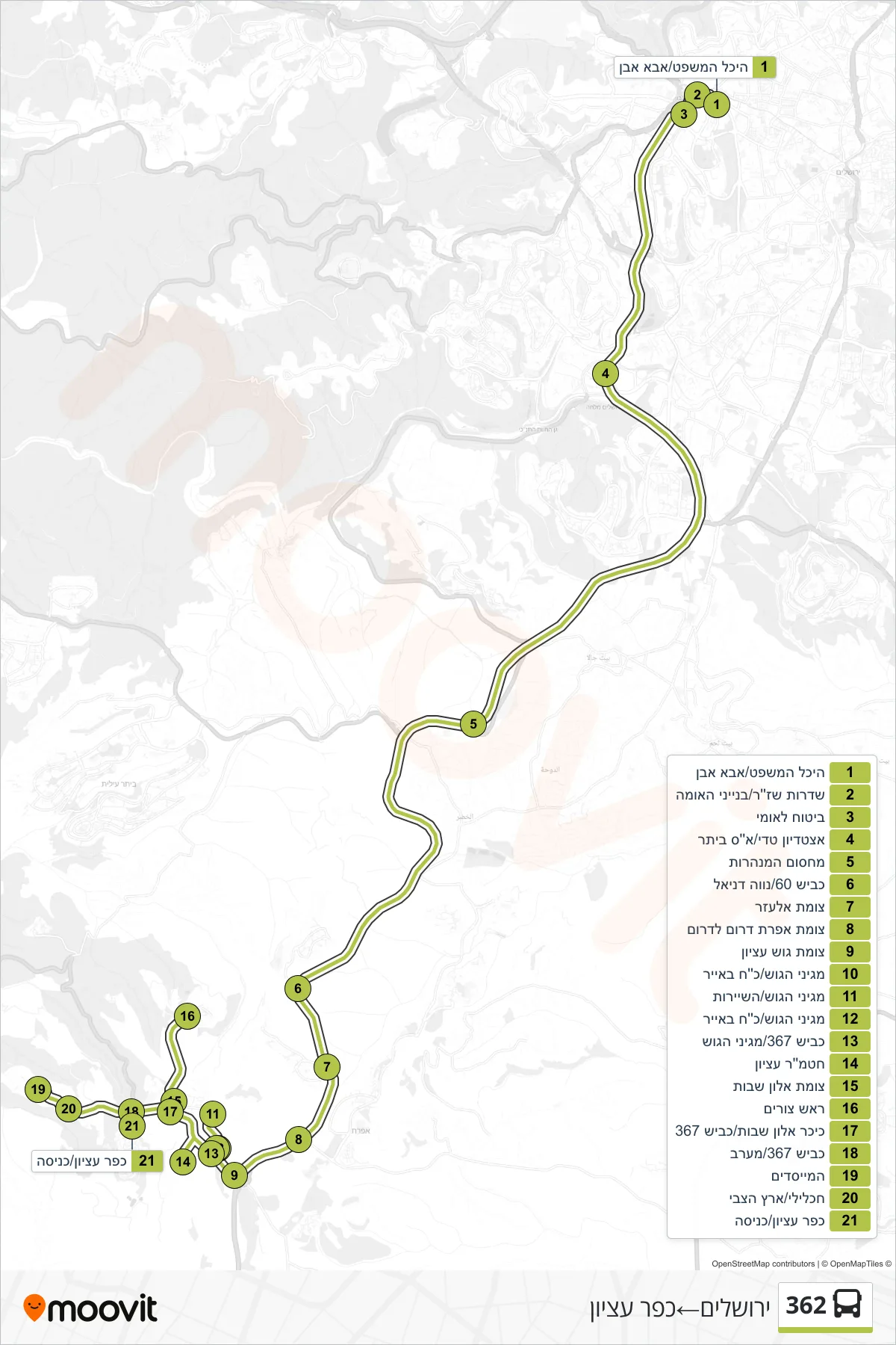 362 bus Line (Jerusalem‎→Kfar Etzion) route and stops on a map
