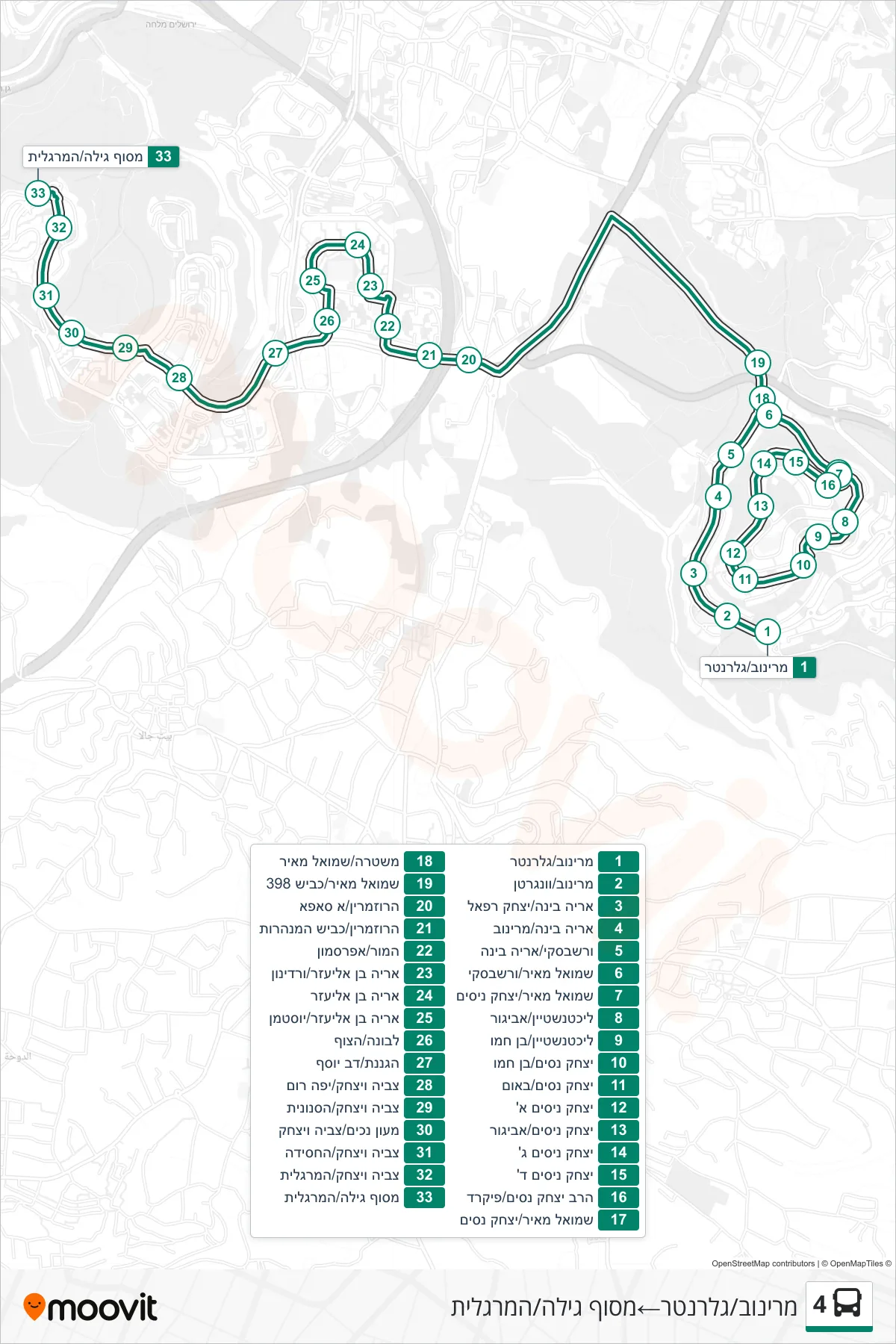 4 bus Line (Marinov/Glarenter‎→Gilo Terminal/HaMargalit) route and stops on a map