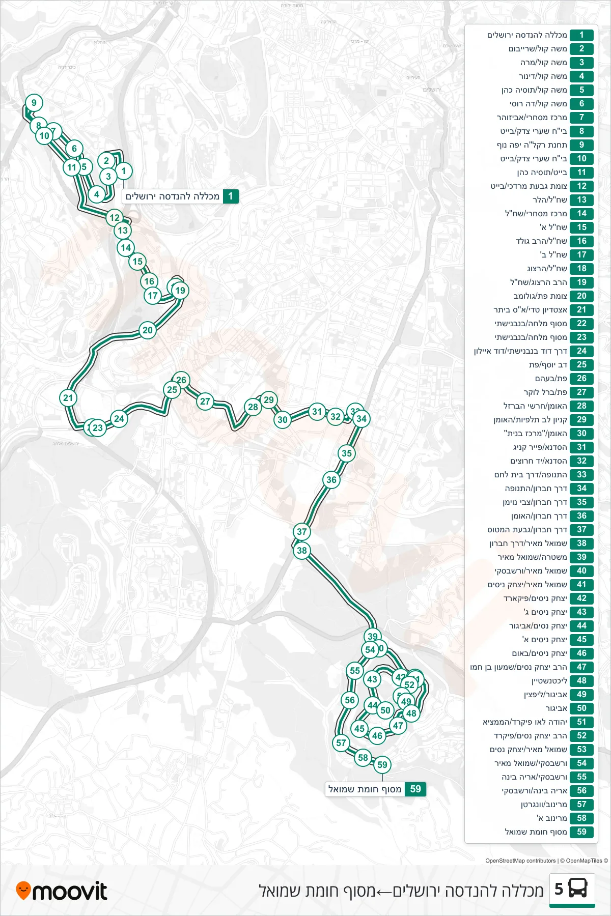 5 bus Line (Jerusalem Engineering College→Homat Shmuel Terminal) route and stops on a map