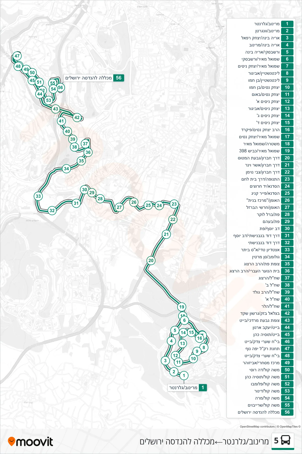 5 bus Line (Marinov/Glarenter→Jerusalem Engineering College) route and stops on a map