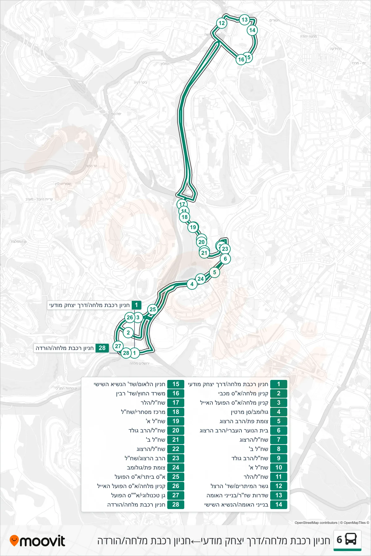 6  Line (Malha Railway Parking/Yitzhak Modai Road‎→Malha Train Station Parking/Drop-off) route and stops on a map