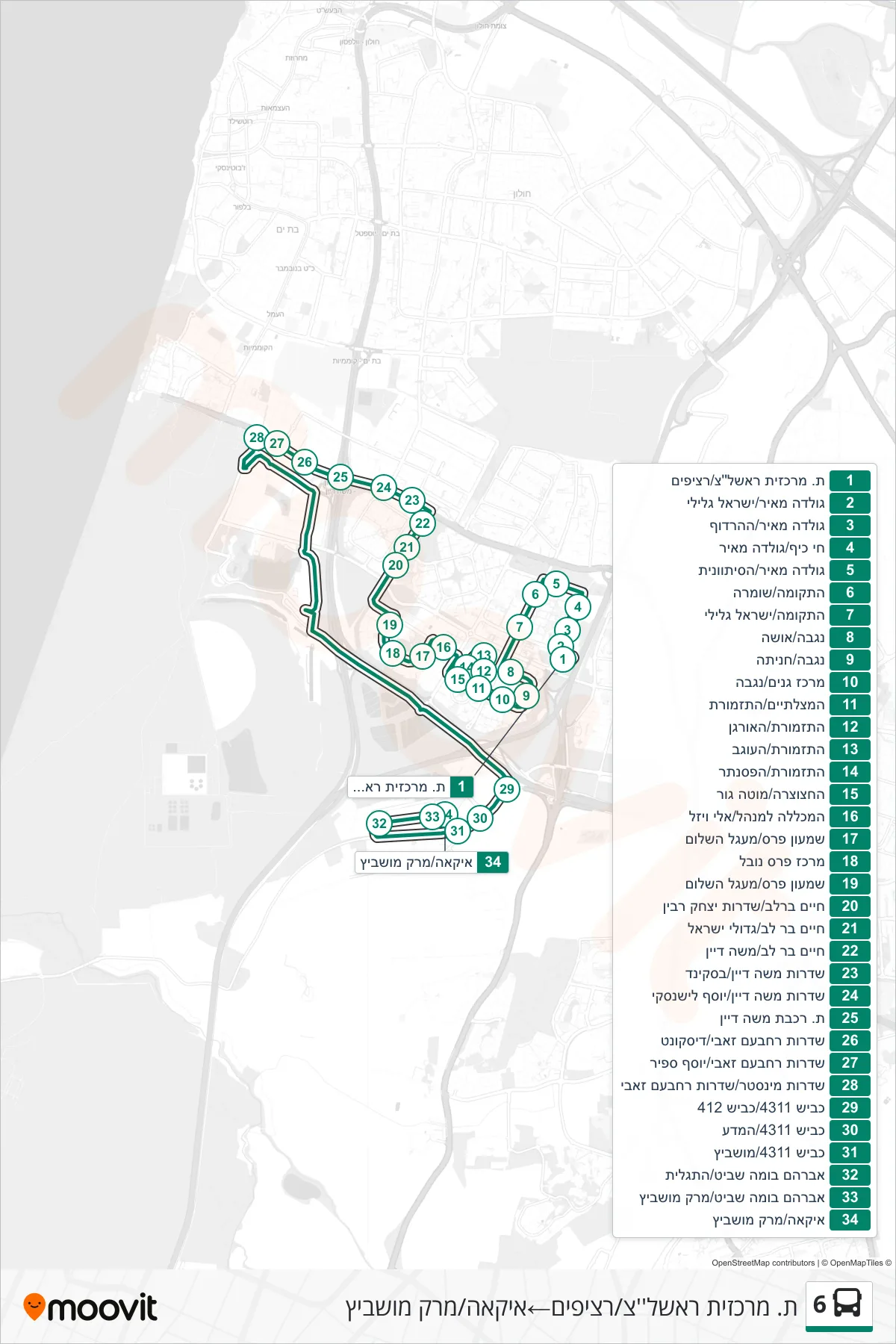 6 bus Line (Rishon LeZion Central Station/Platforms‎→IKEA/Mark Moshevitz) route and stops on a map