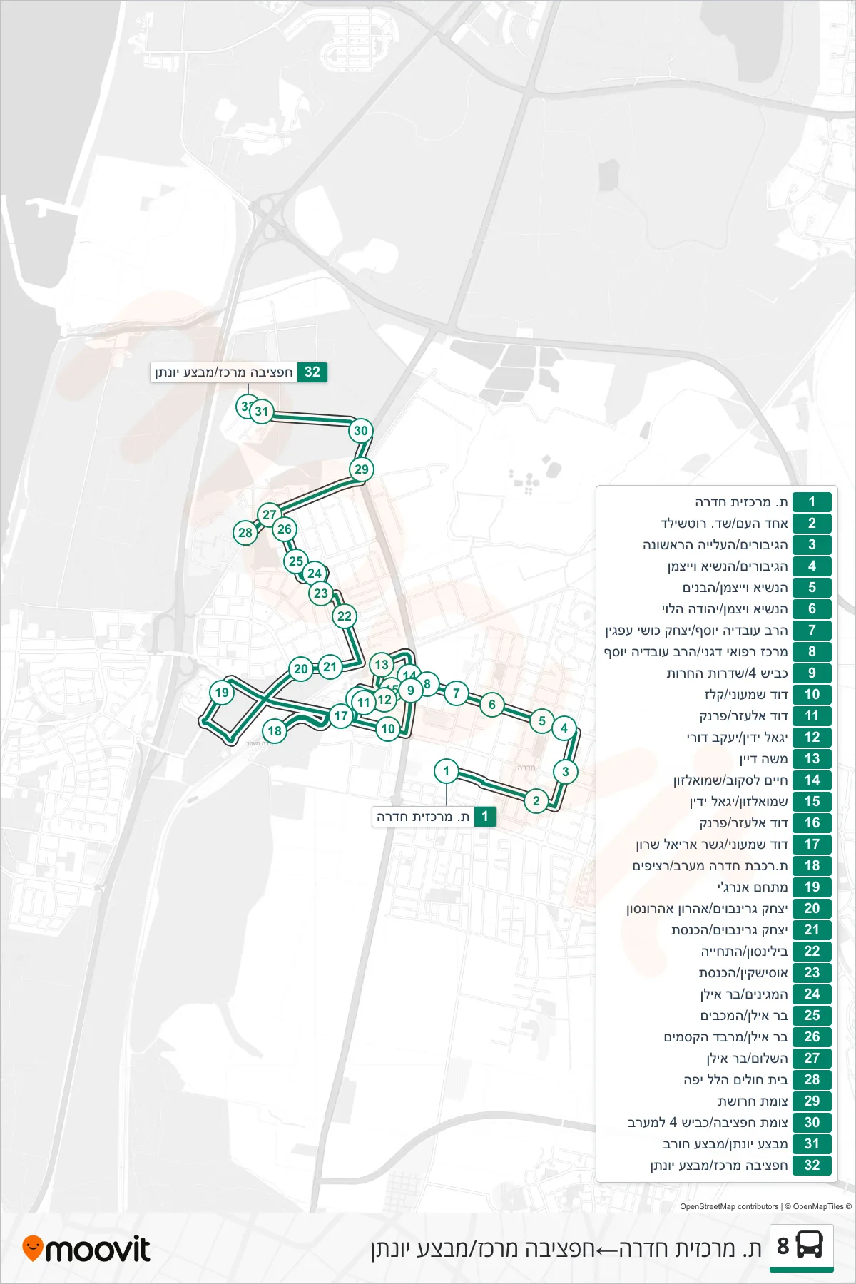 8 bus Line (Hadera Central Station‎→Haftziba Center/Mivtza Yonatan) route and stops on a map