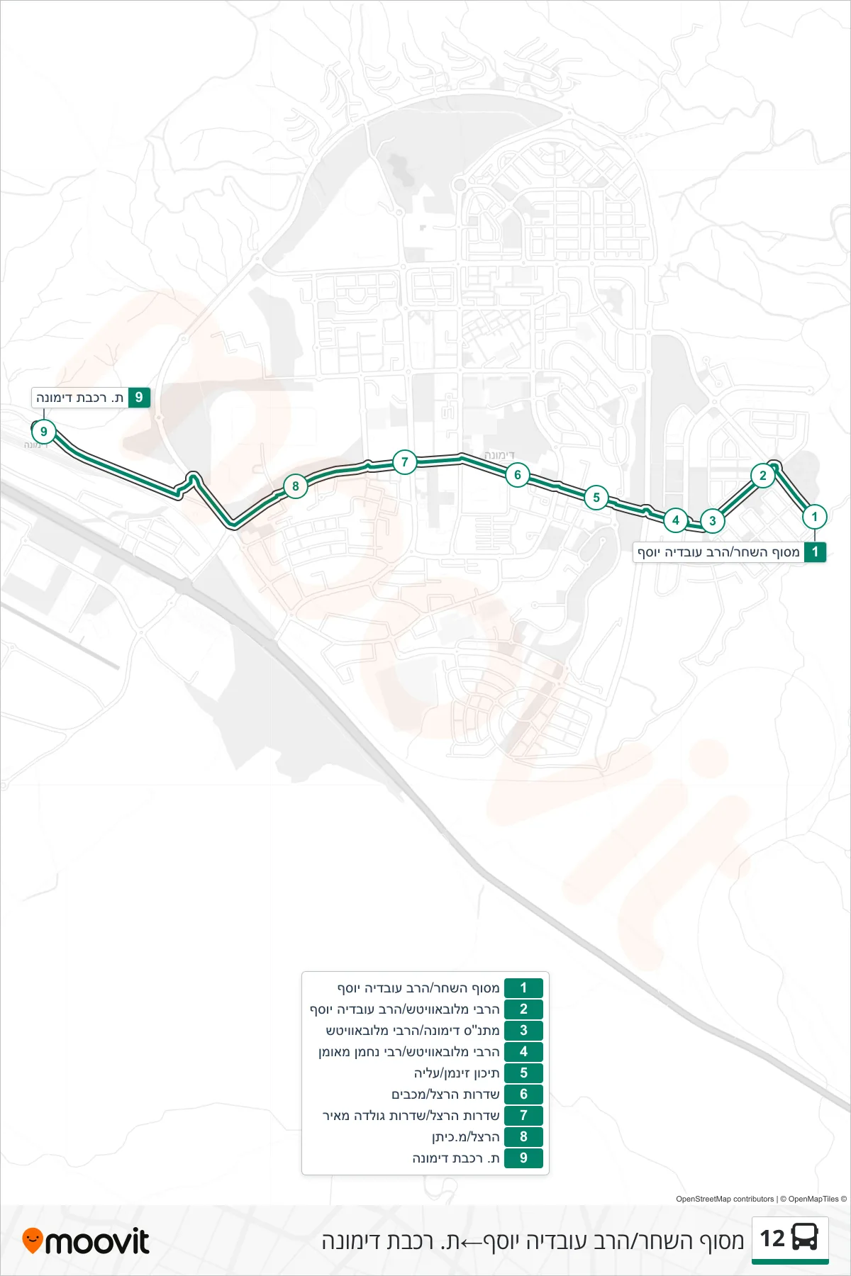 12 bus Line (HaShachar Terminal/Rav Ovadia Yosef‎→Dimona Railway Station) route and stops on a map