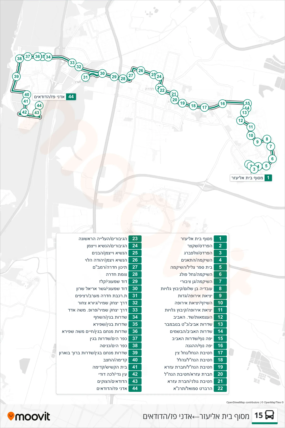 15  Line (Beit Eliezer Terminal‎→Adnei Paz/HaDudaim) route and stops on a map