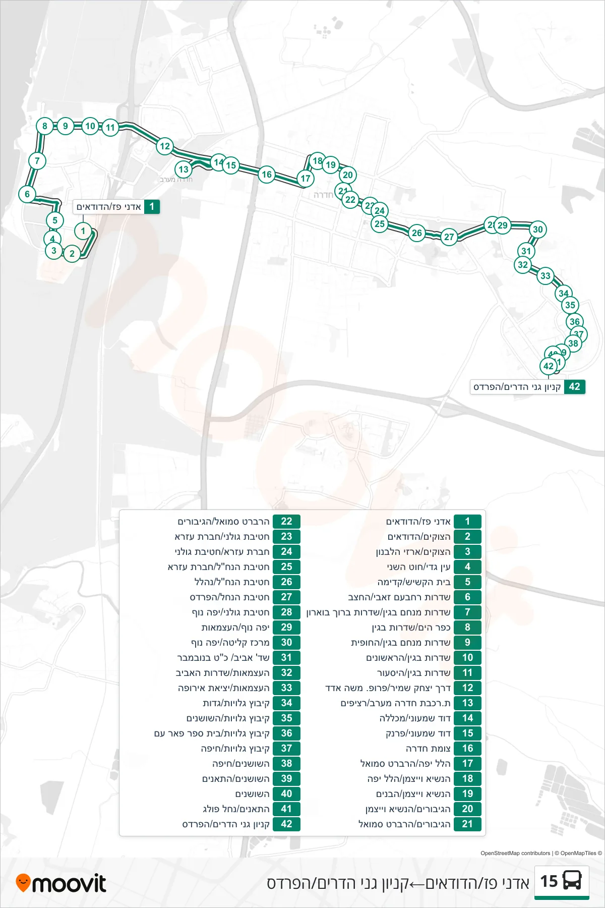 15 bus Line (Adnei Paz/HaDudaim‎→Ganei Hadarim Mall/HaPardes) route and stops on a map