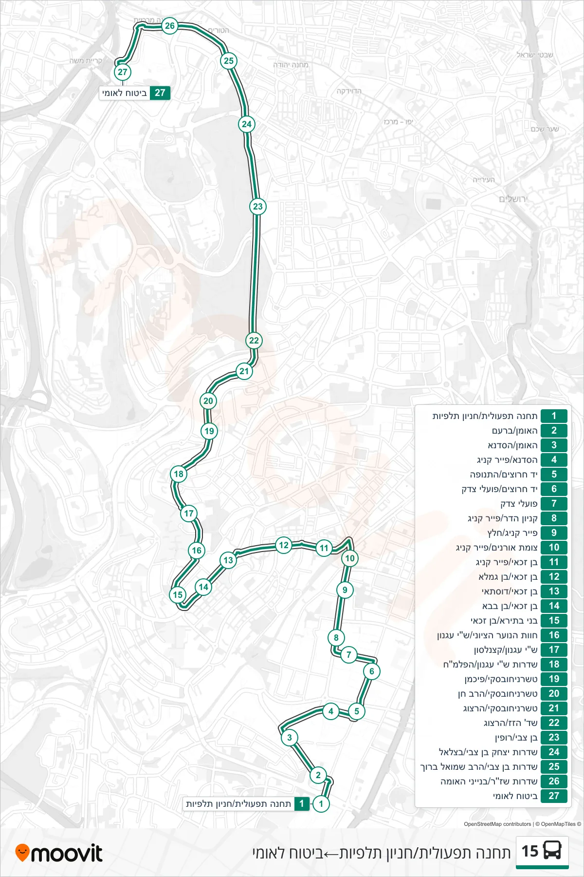 15 bus Line (Talpiot Depot/Operational Station‎→National Insurance Institute) route and stops on a map