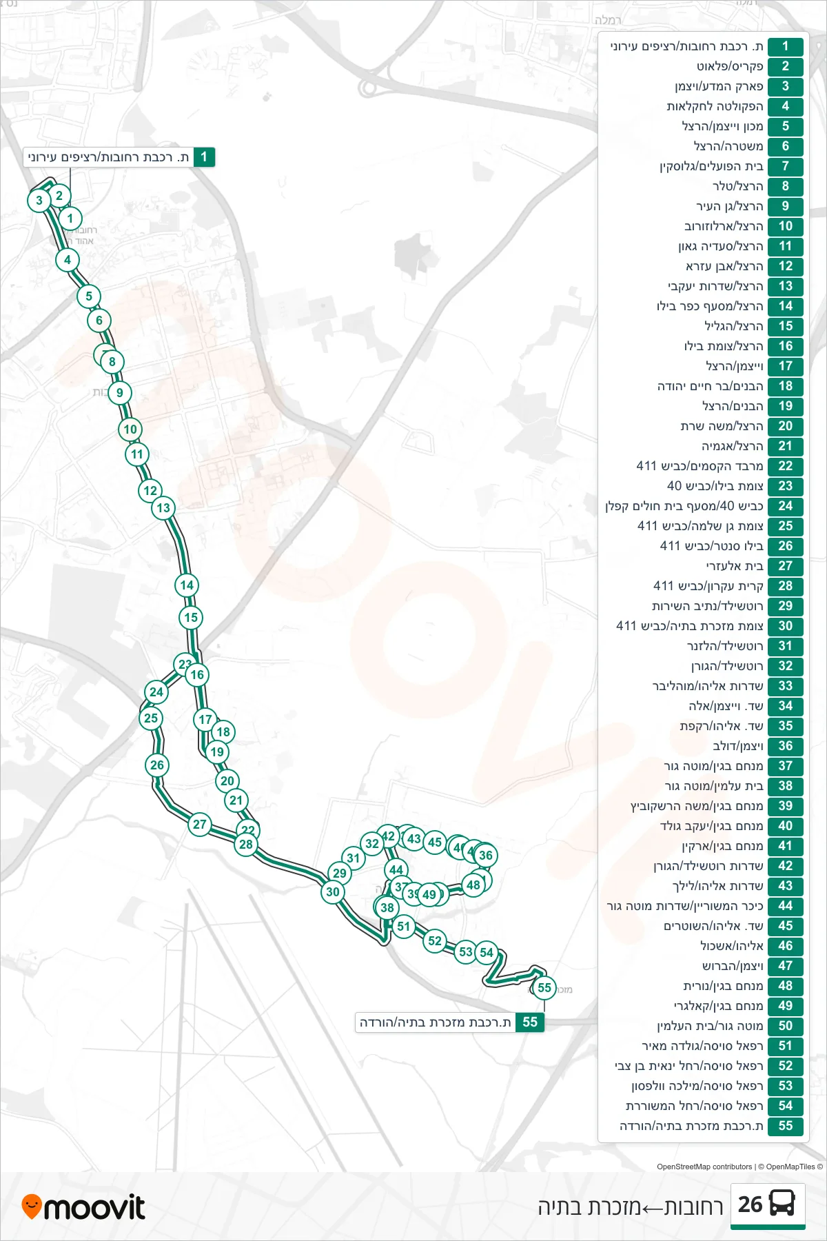 26 bus Line (Rehovot‎→Mazkeret Batya) route and stops on a map
