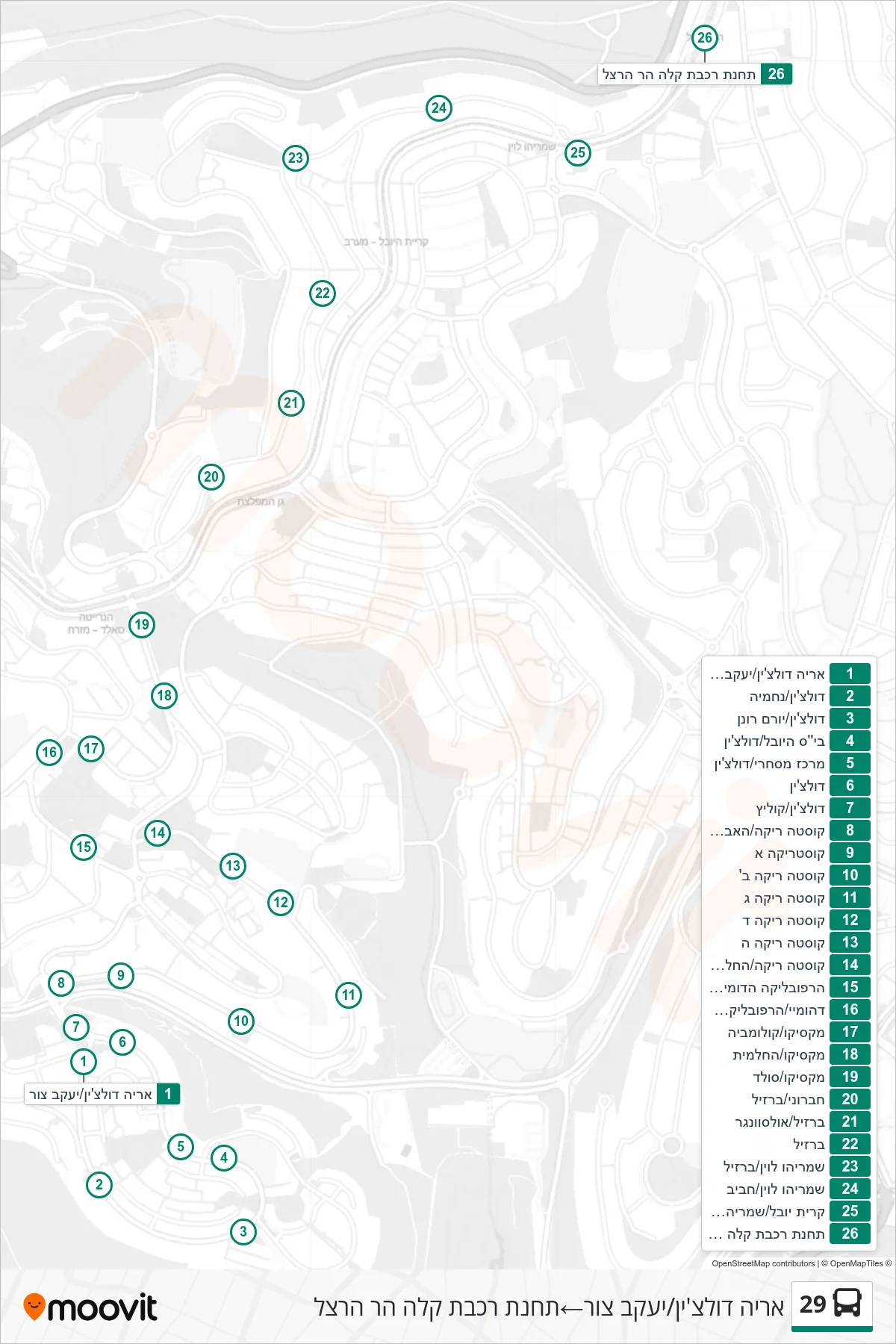 29 bus Line (Arie Dulchin/Yaakov Tzur‎→Mount Herzl Light Rail Station) route and stops on a map