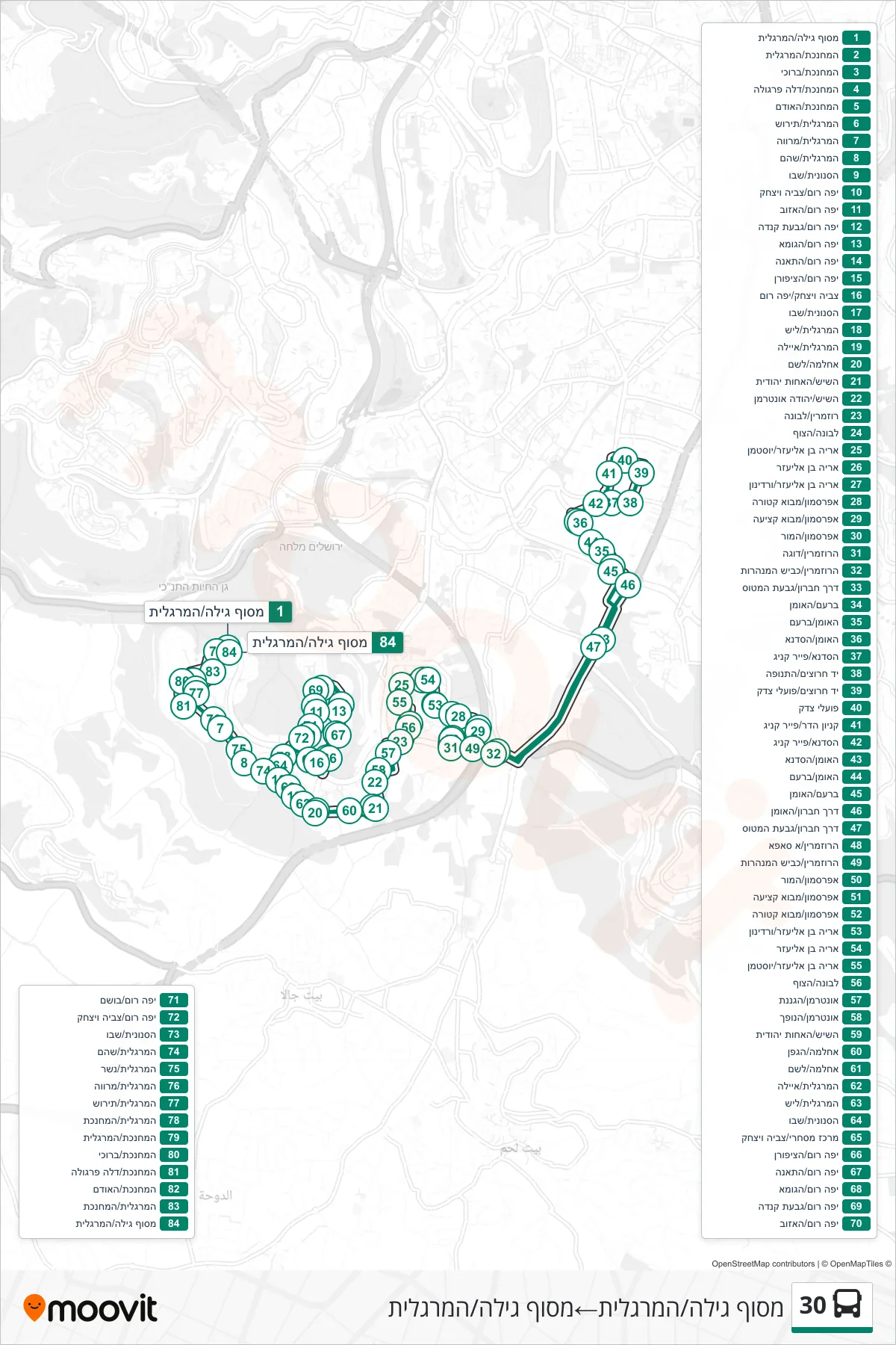 30 bus Line (Gilo Terminal/HaMargalit‎→Gilo Terminal/HaMargalit) route and stops on a map