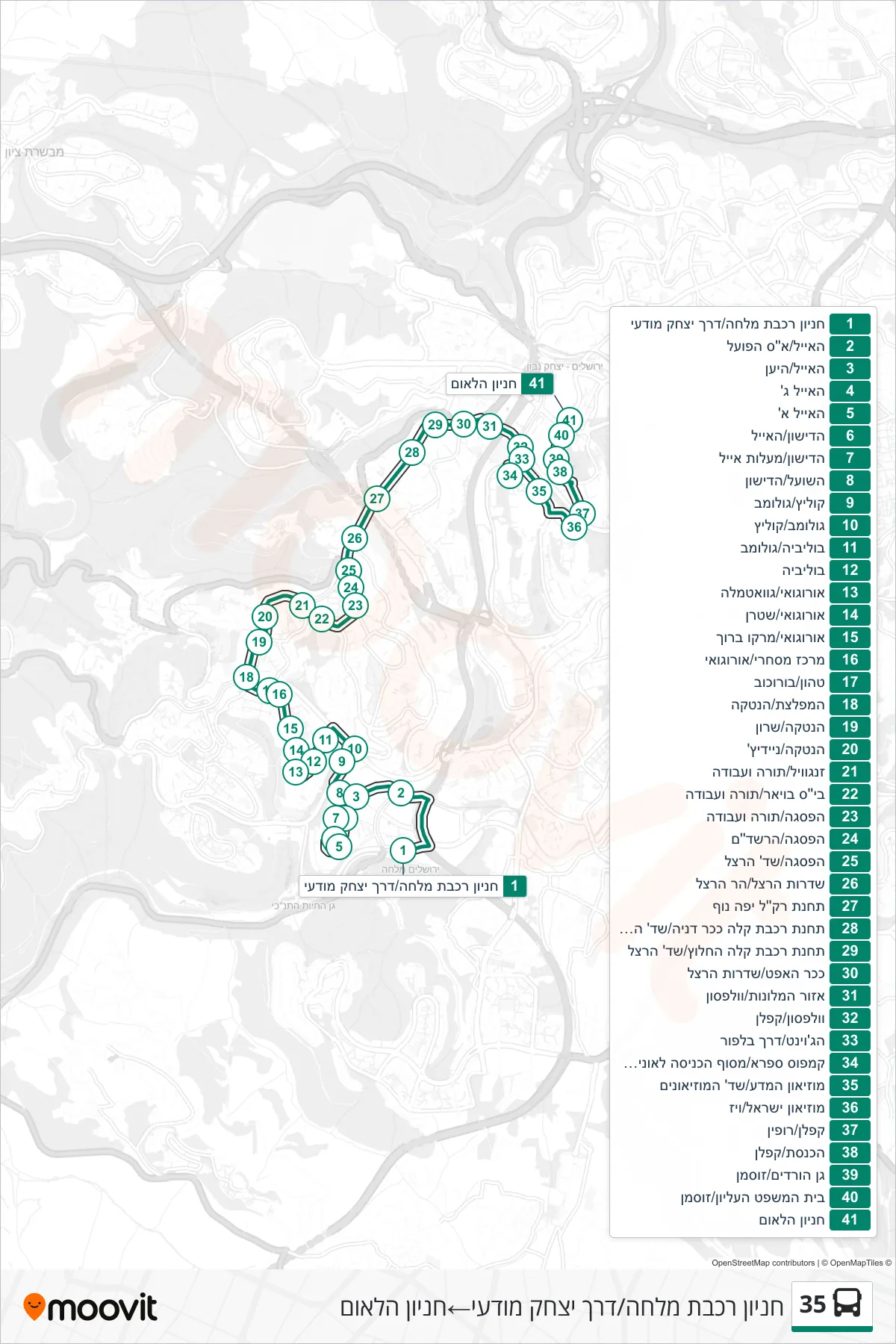 35 bus Line (Malha Railway Parking/Yitzhak Modai Road→HaLeom Parking) route and stops on a map