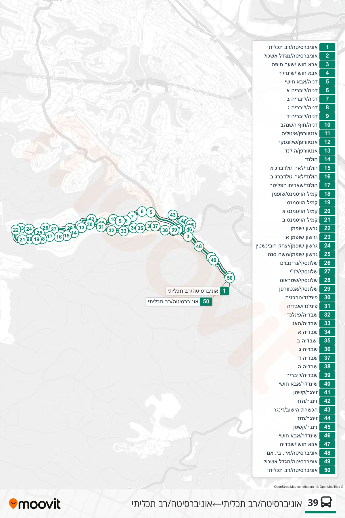 39 bus Line (University/Multi-Purpose→University/Multi-Purpose) route and stops on a map