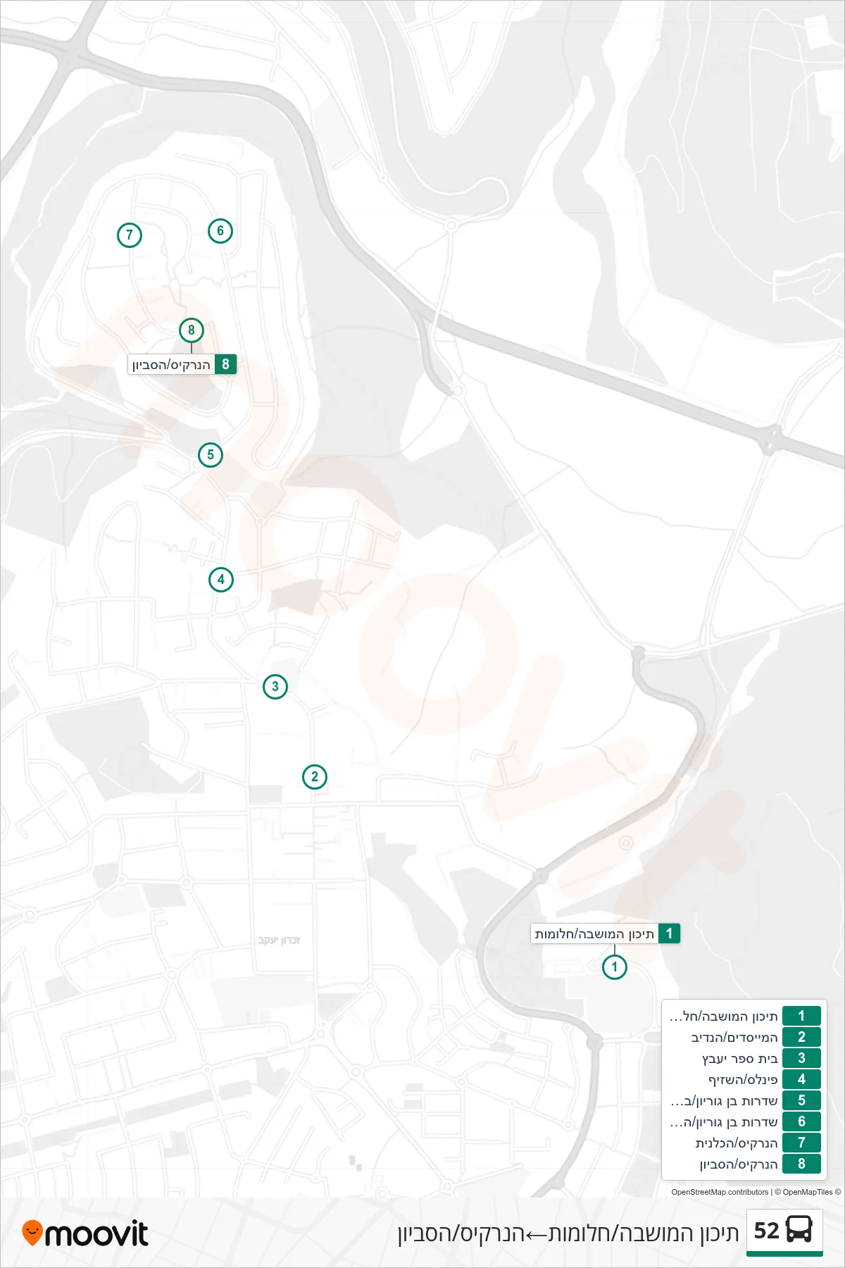 52 bus Line (Moshava High School/Halomot‎→HaNarkis/HaSivyon) route and stops on a map