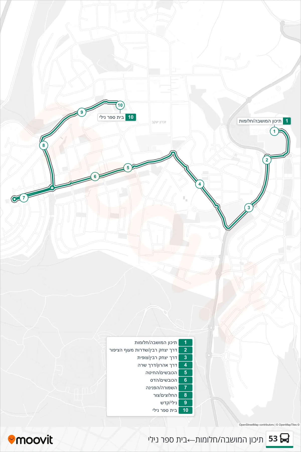 53 bus Line (Moshava High School/Halomot→Nili School) route and stops on a map