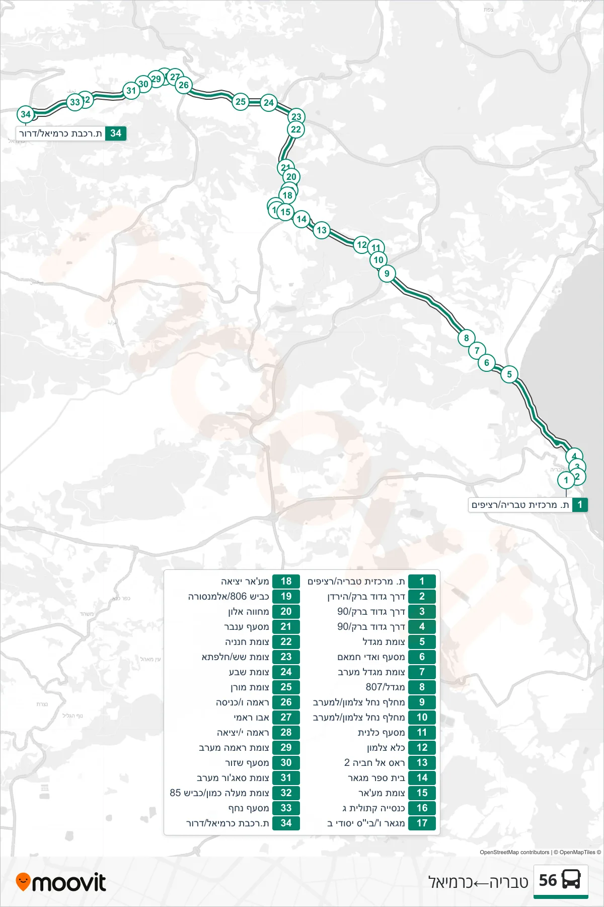 56 bus Line (Tiberias→Carmiel) route and stops on a map
