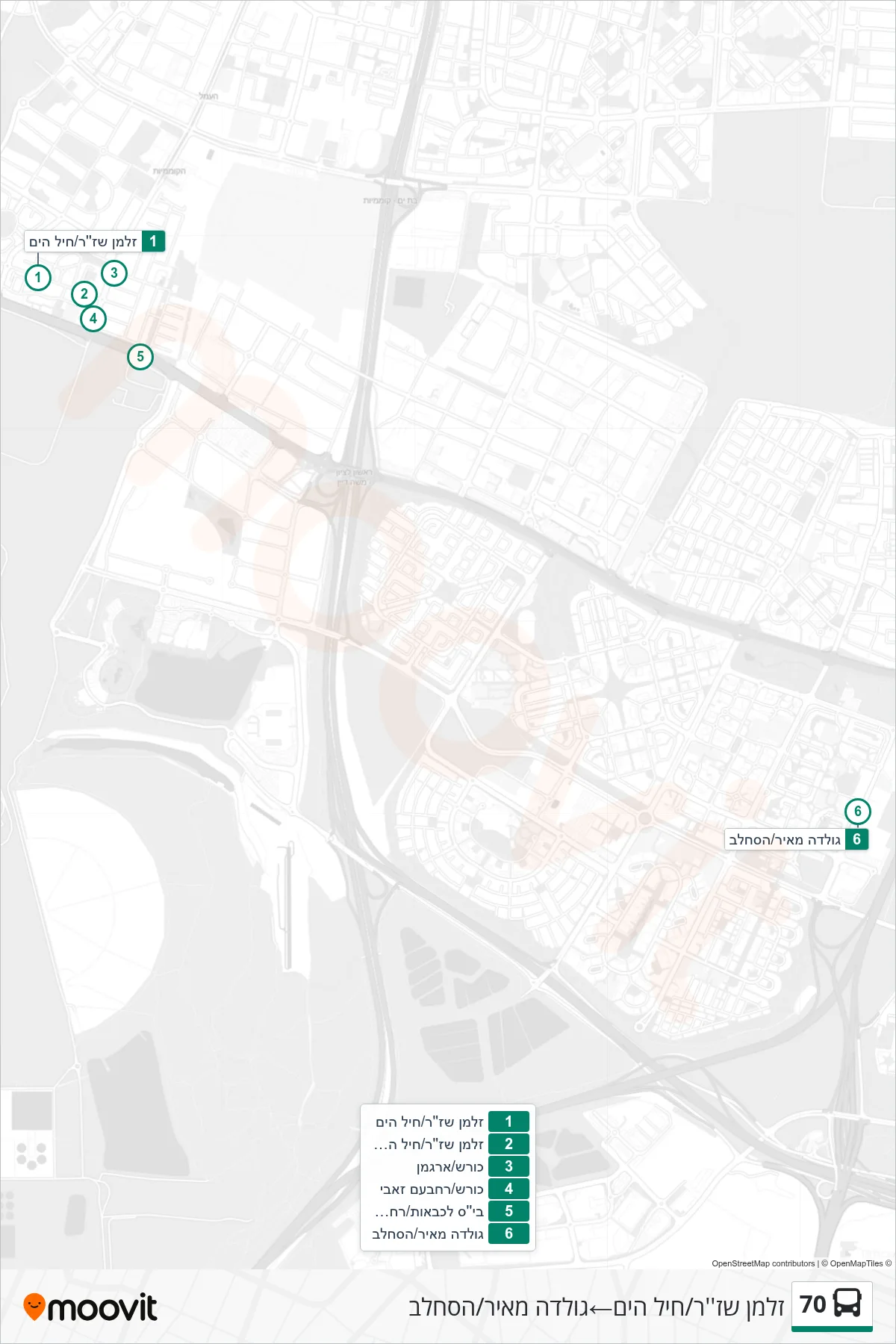 70  Line (Zalman Shazar/Navy‎→Golda Meir/HaSachlav) route and stops on a map
