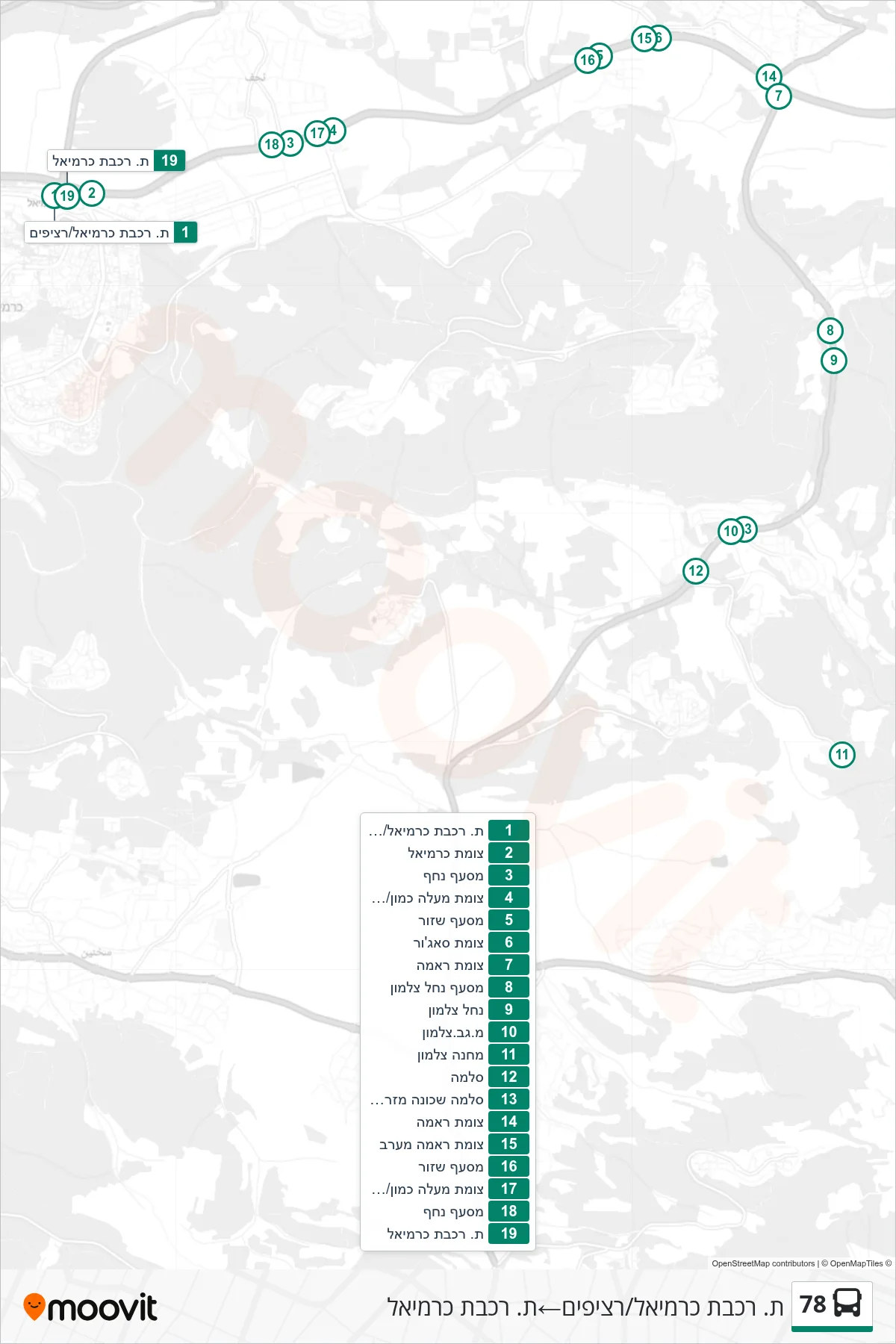 78 bus Line (Carmiel Railway Station/Platforms→Carmiel Train Station) route and stops on a map