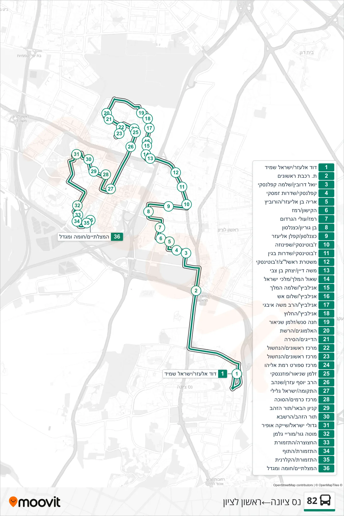 82 bus Line (Nes Ziona‎→Rishon LeZion) route and stops on a map