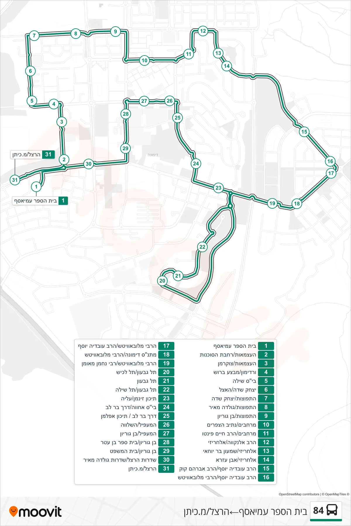 84 Line (Ami'asaf School→Herzl/M.Kitan) route and stops on a map