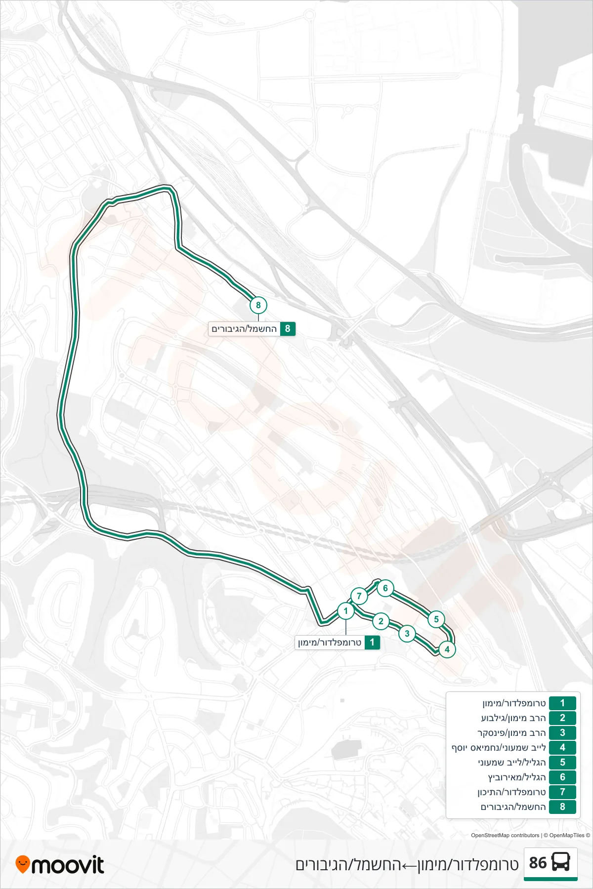 86 bus Line (Trumpeldor/Maimon‎→HaChashmal/HaGiborim) route and stops on a map