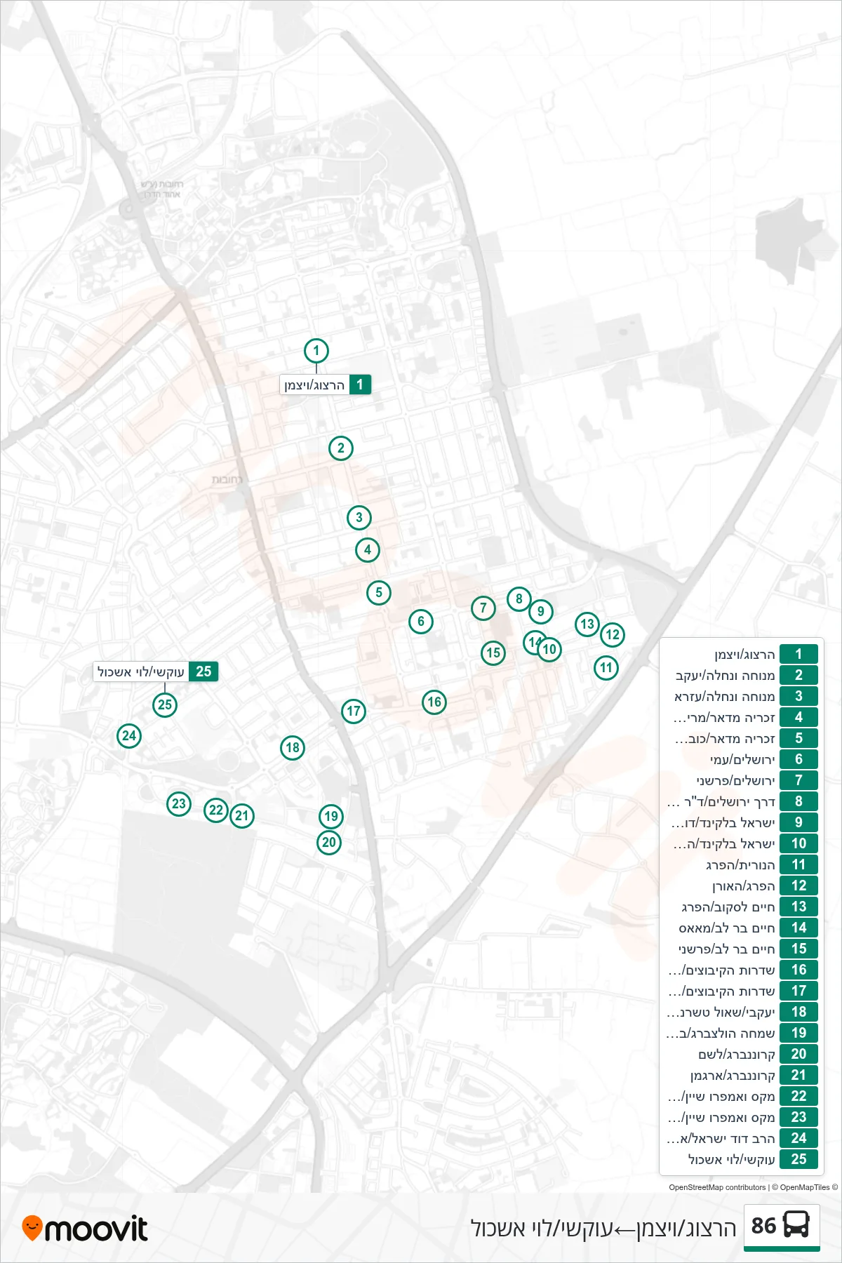 86 bus Line (Herzog/Weizmann‎→Okashi/Levi Eshkol) route and stops on a map