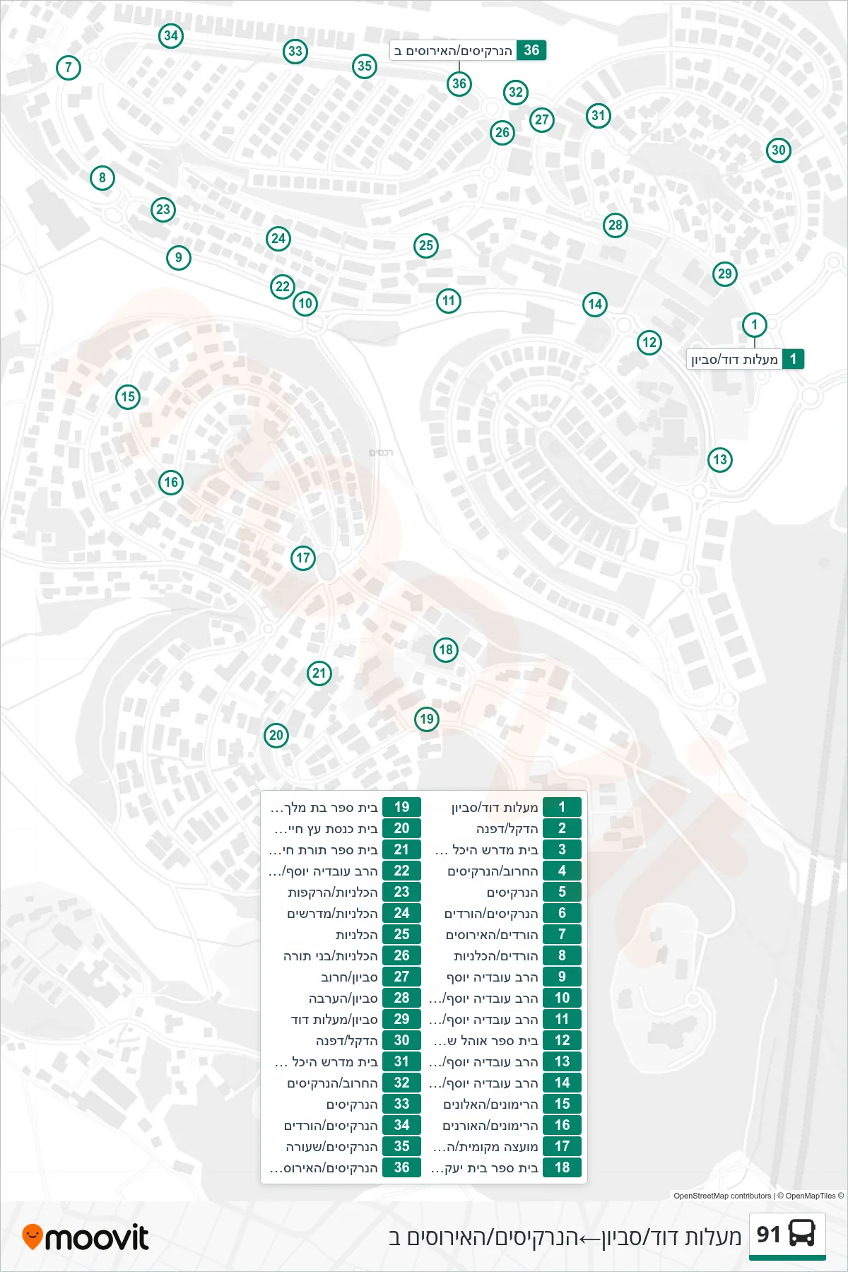 91 bus Line (Ma'alot David/Savyon‎→HaNarkisim/HaIrisim B) route and stops on a map