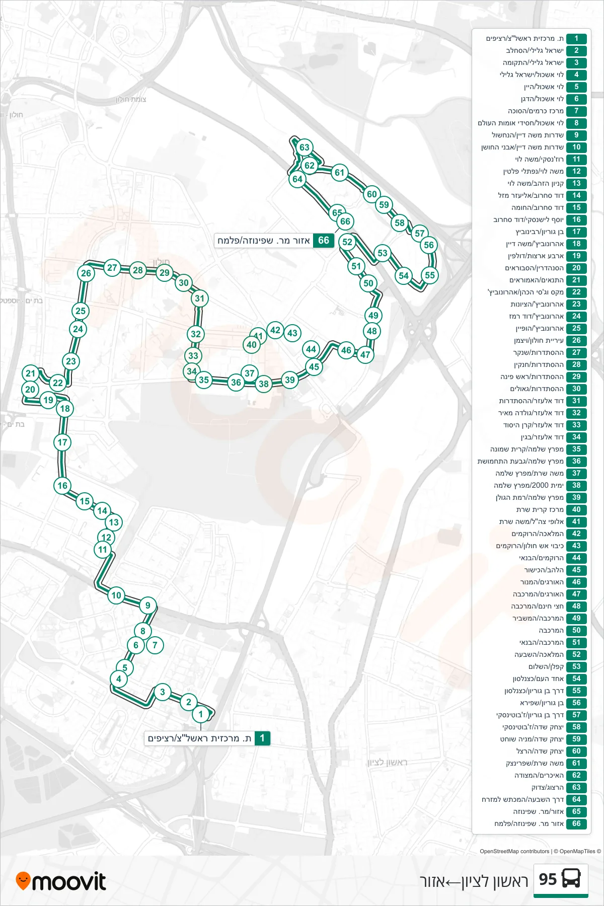 95 bus Line (Rishon LeZion‎→Azor) route and stops on a map