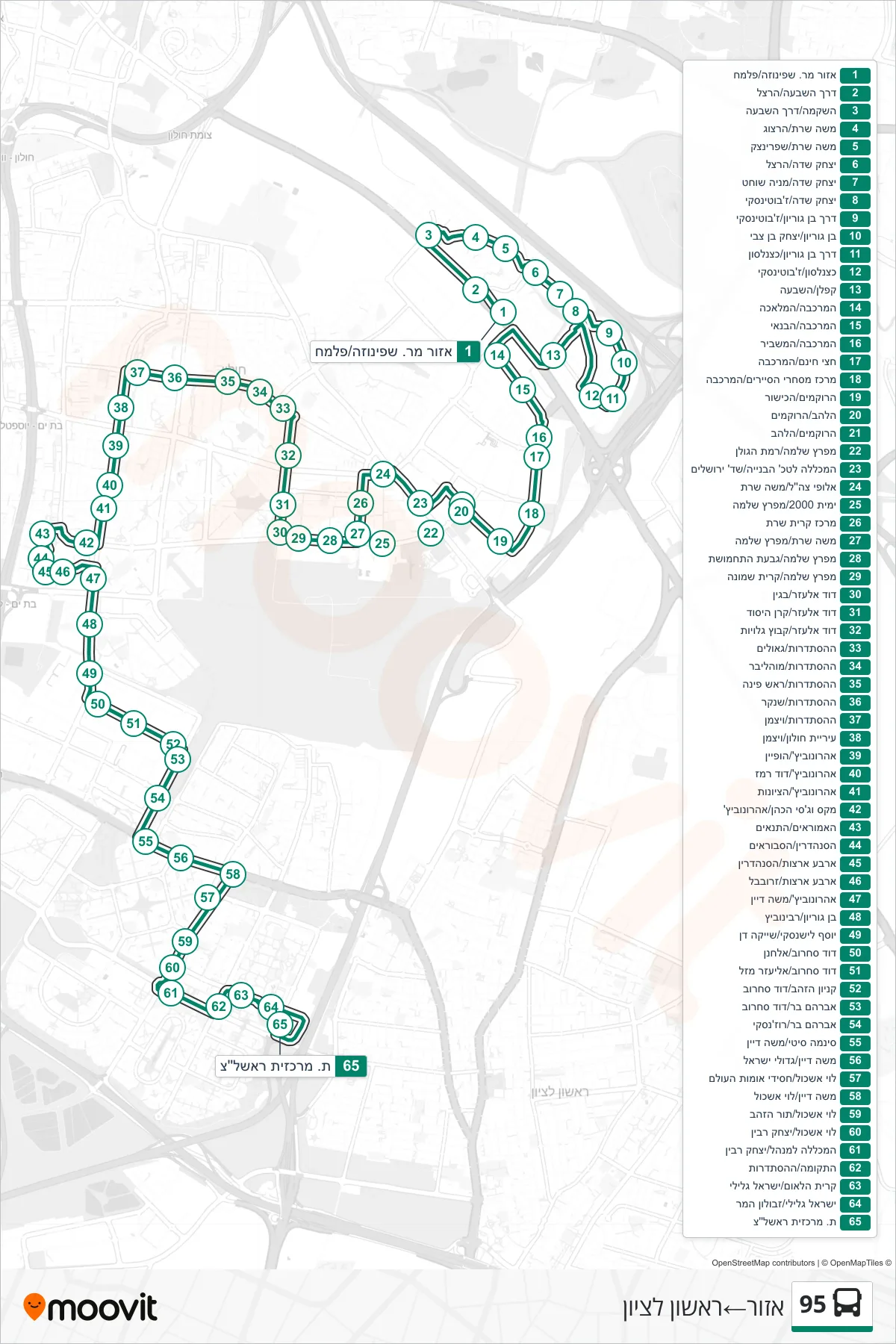 95 bus Line (Azor‎→Rishon LeZion) route and stops on a map