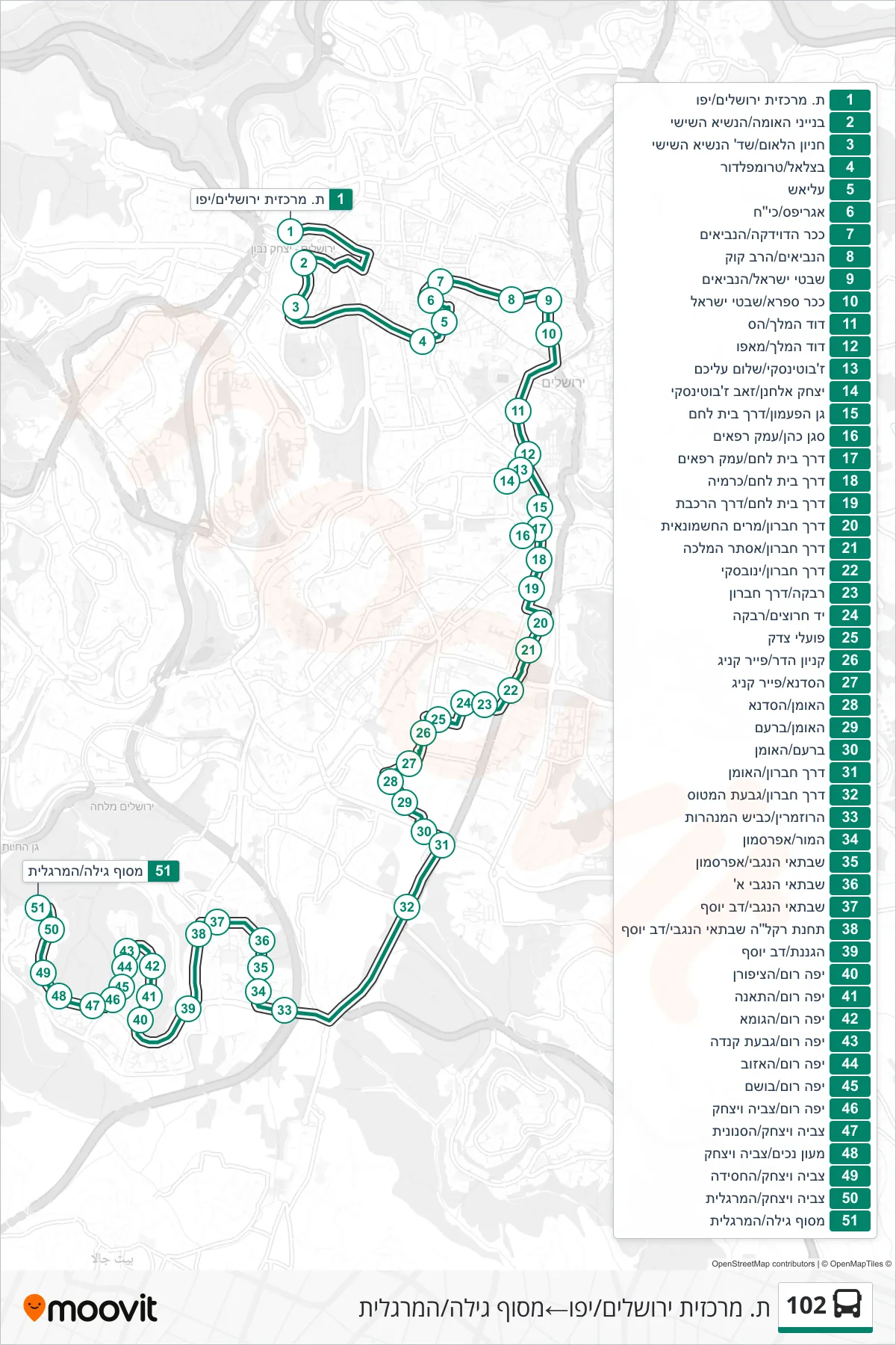 102  Line (Jerusalem Central Station/Yafo‎→Gilo Terminal/HaMargalit) route and stops on a map
