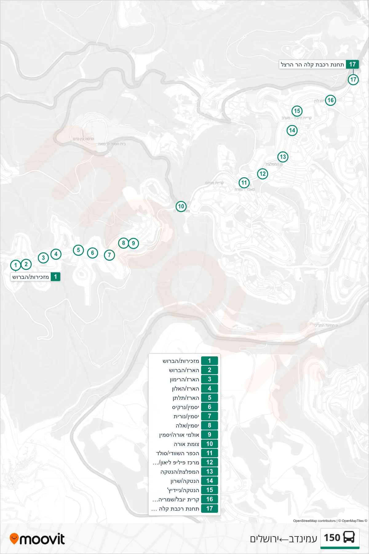 150 bus Line (Aminadav→Jerusalem) route and stops on a map