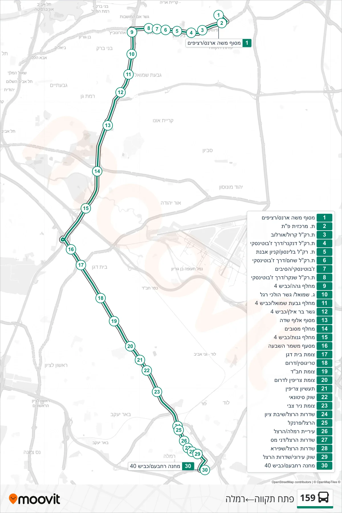 159  Line (Petah Tikva‎→Ramla) route and stops on a map