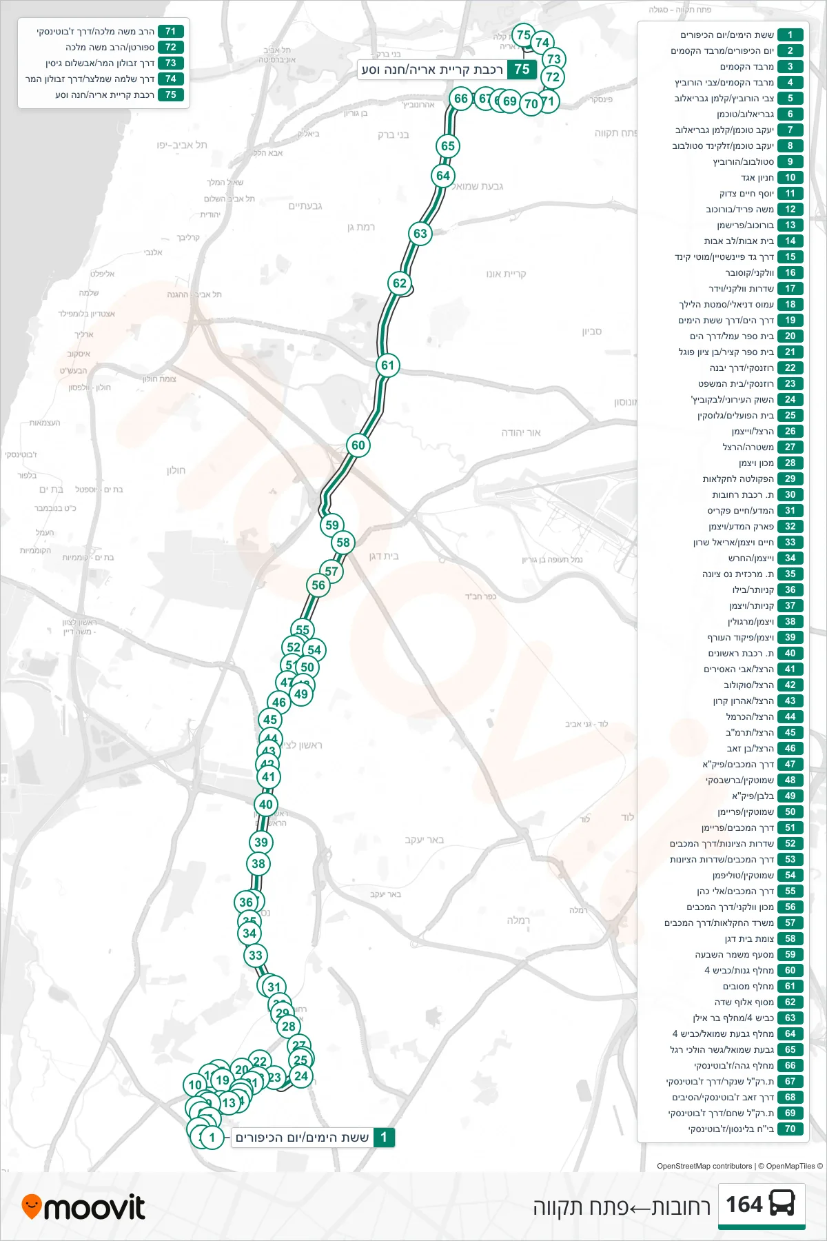 164 bus Line (Rehovot‎→Petah Tikva) route and stops on a map