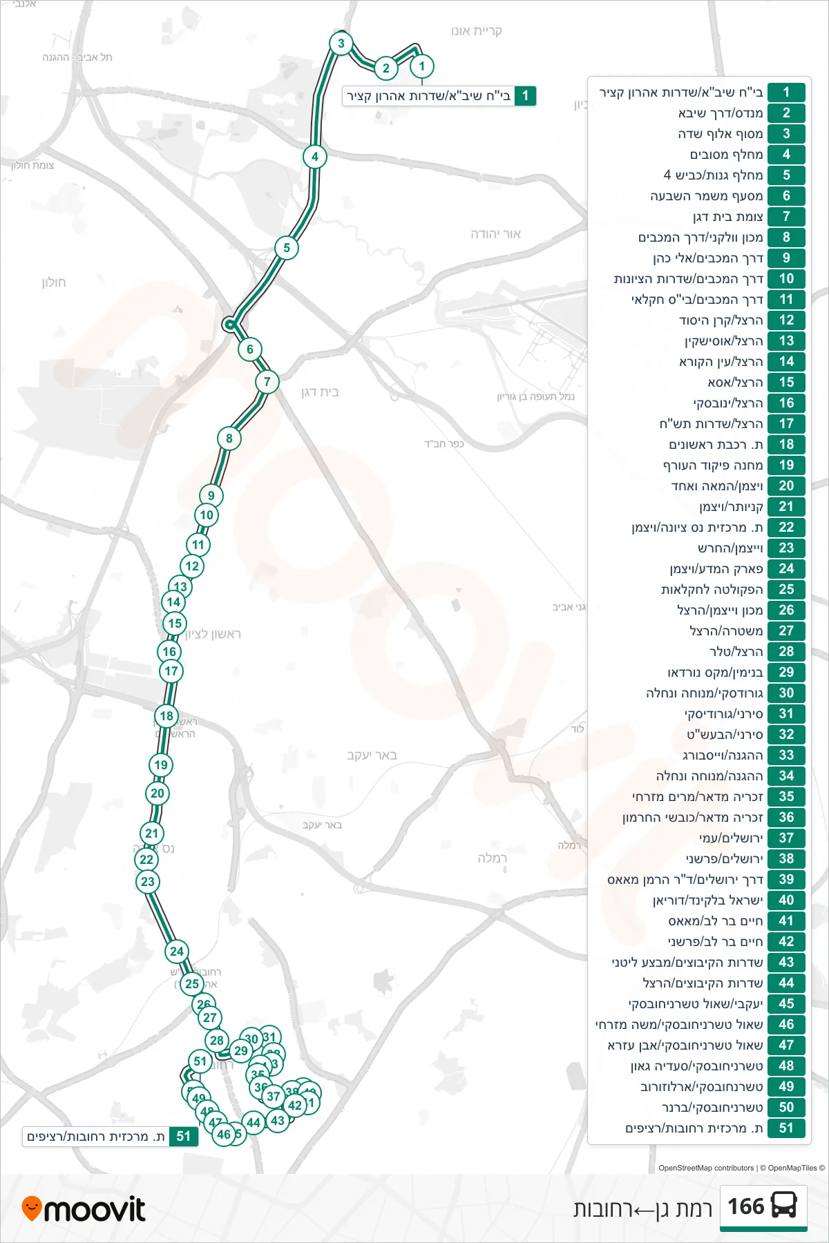 166 bus Line (Ramat Gan‎→Rehovot) route and stops on a map