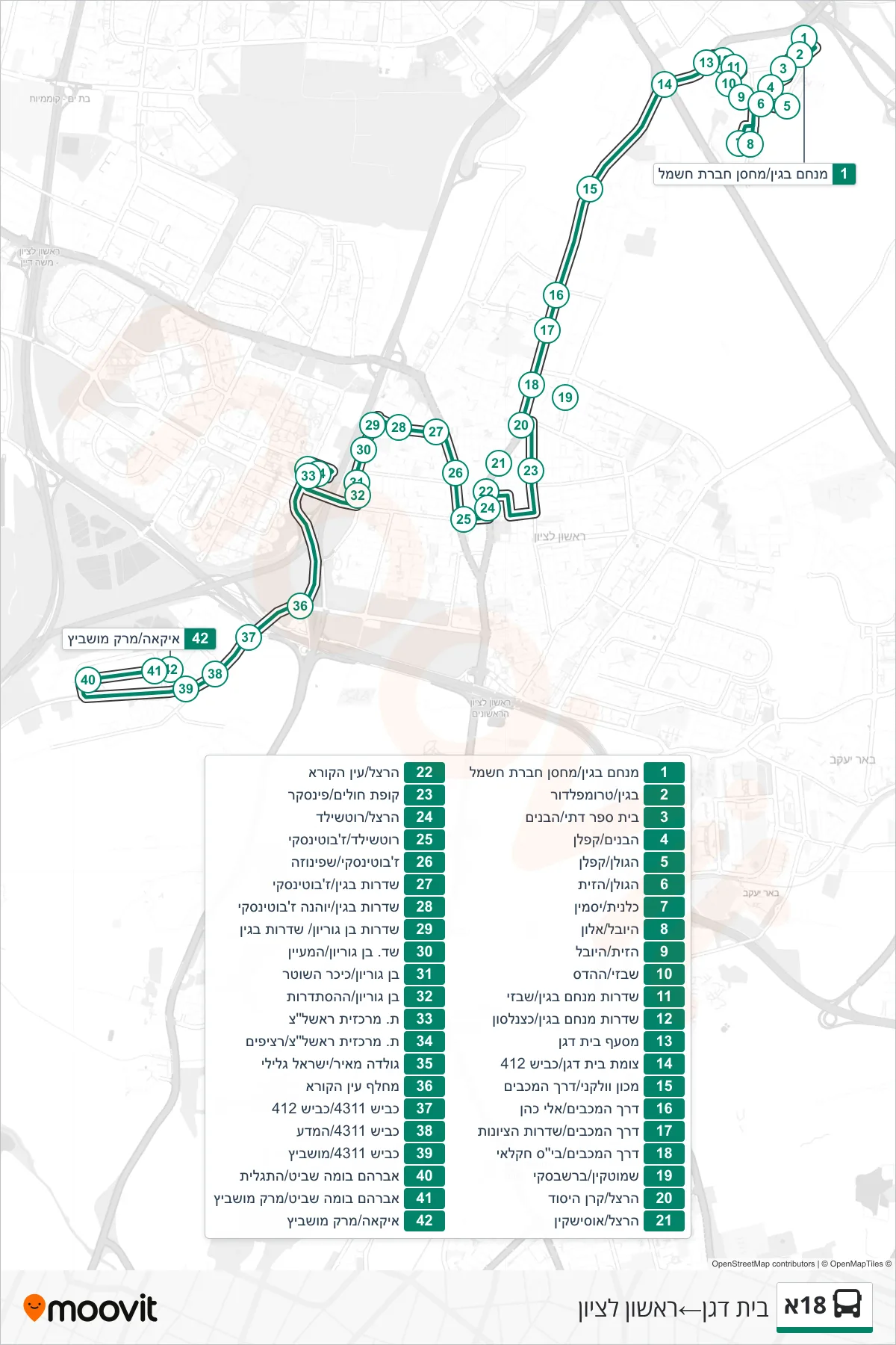 18A bus Line (Beit Dagan‎→Rishon LeZion) route and stops on a map