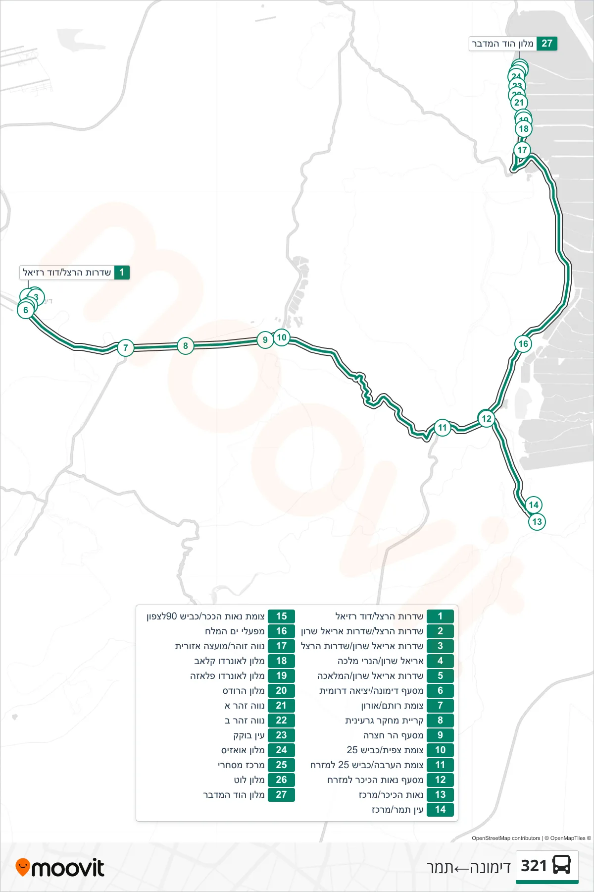 321 bus Line (Dimona‎→Tamar) route and stops on a map