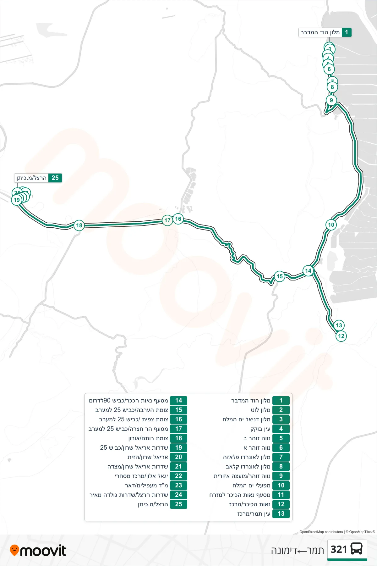 321  Line (Tamar‎→Dimona) route and stops on a map