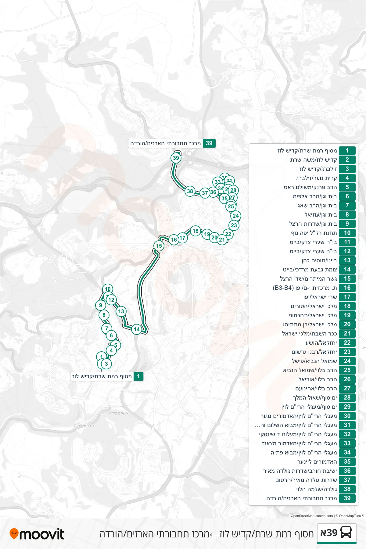 39A bus Line (Ramat Sharet Terminal/Kadish Luz‎→Arazim Transport Center/Drop Off) route and stops on a map