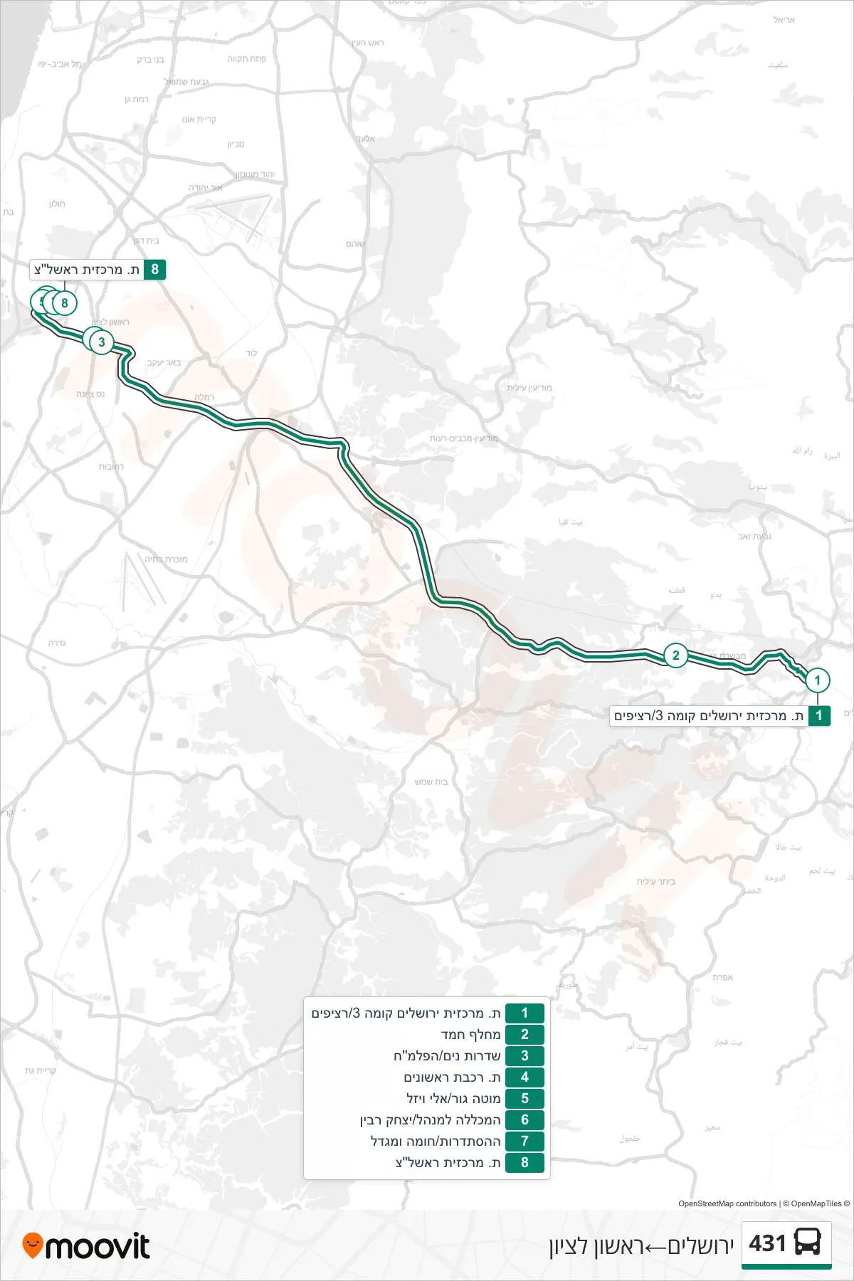 431 bus Line (Jerusalem→Rishon LeZion) route and stops on a map