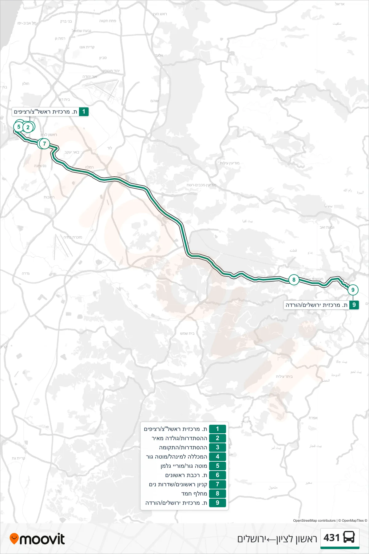 431 bus Line (Rishon LeZion‎→Jerusalem) route and stops on a map