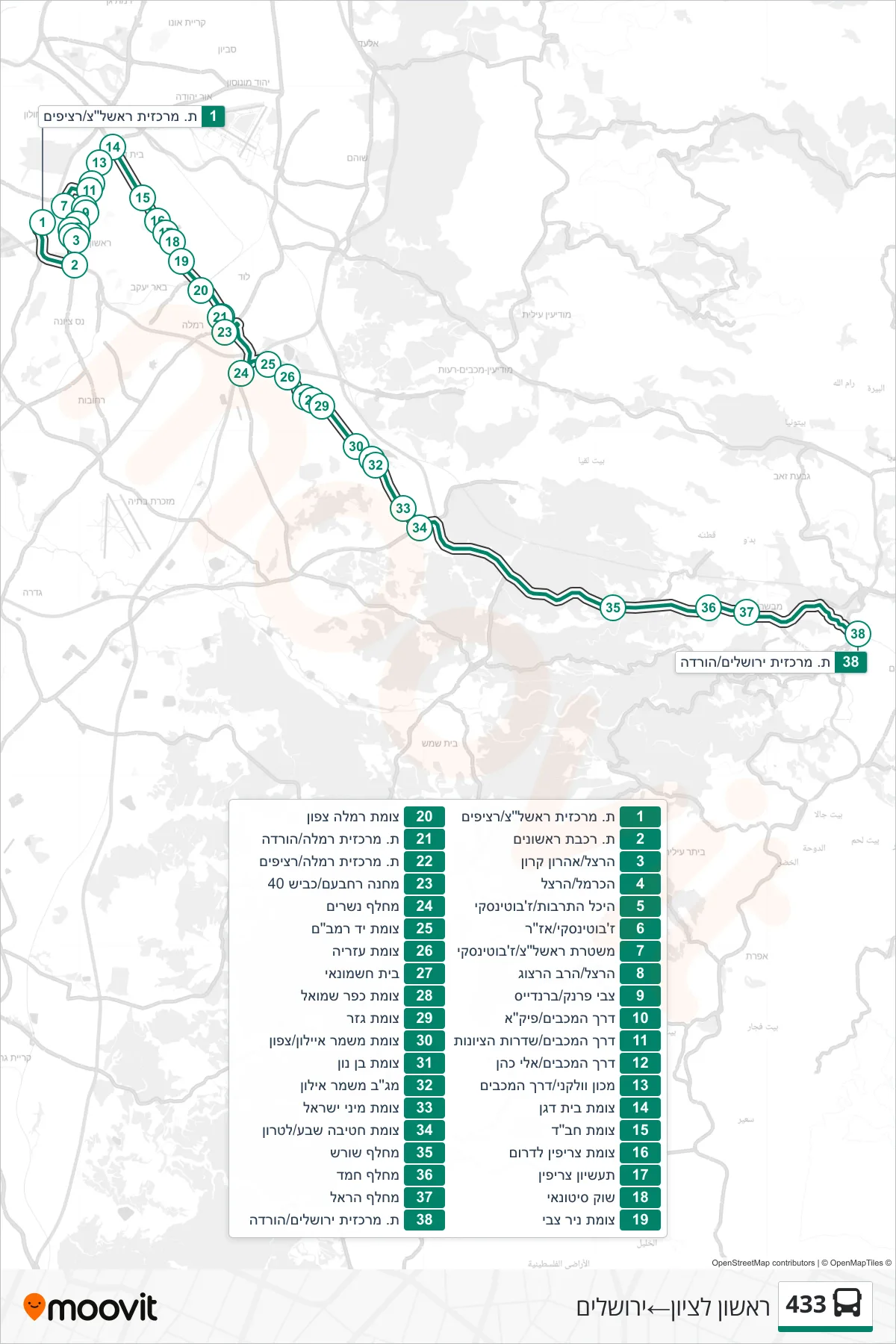 433 bus Line (Rishon LeZion‎→Jerusalem) route and stops on a map