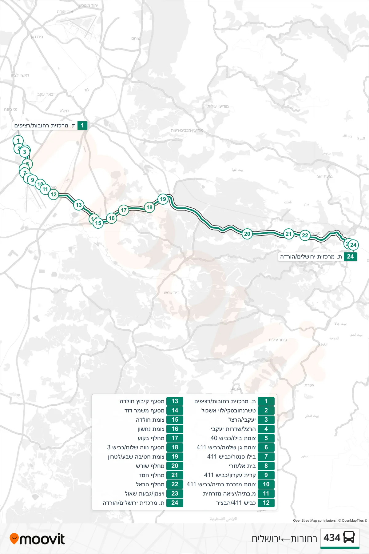 434 bus Line (Rehovot→Jerusalem) route and stops on a map