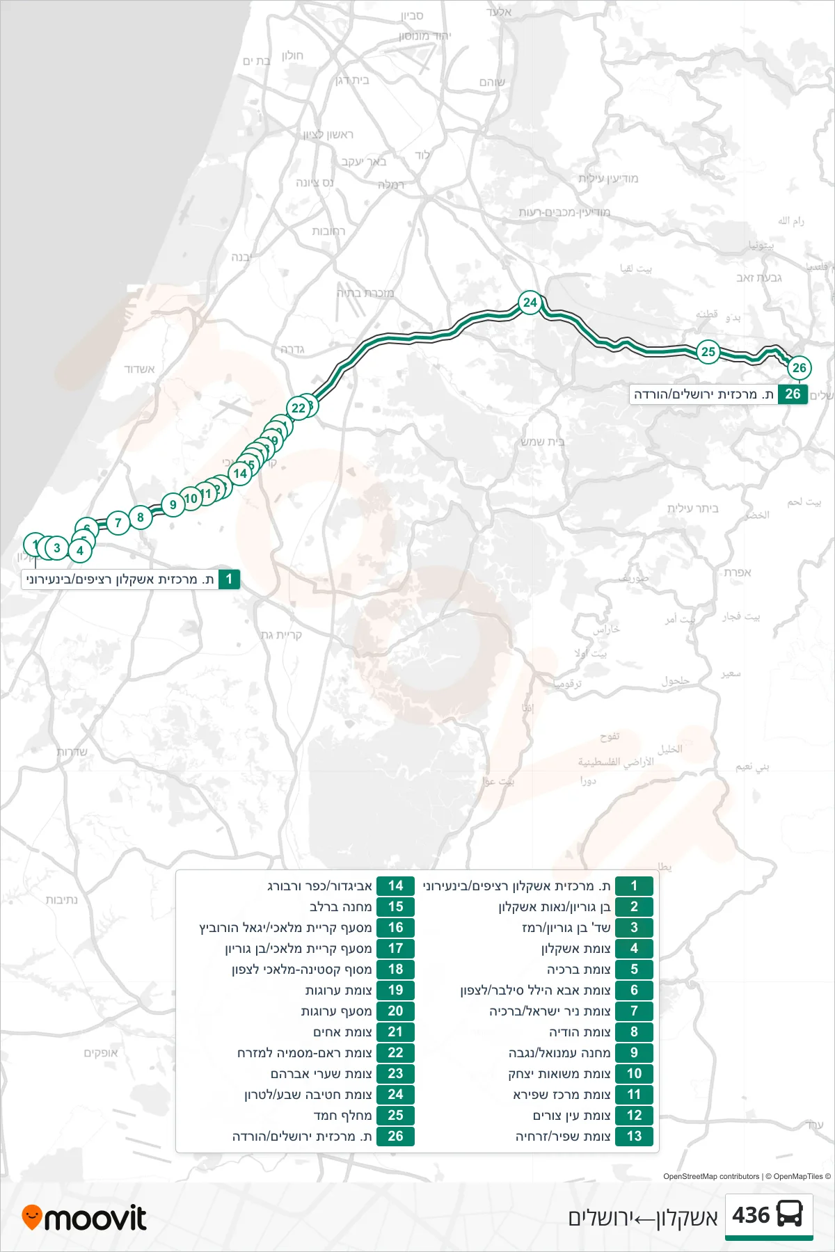 436 bus Line (Ashkelon‎→Jerusalem) route and stops on a map
