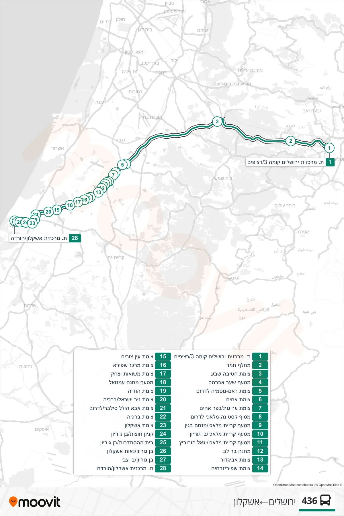 436 bus Line (Jerusalem→Ashkelon) route and stops on a map