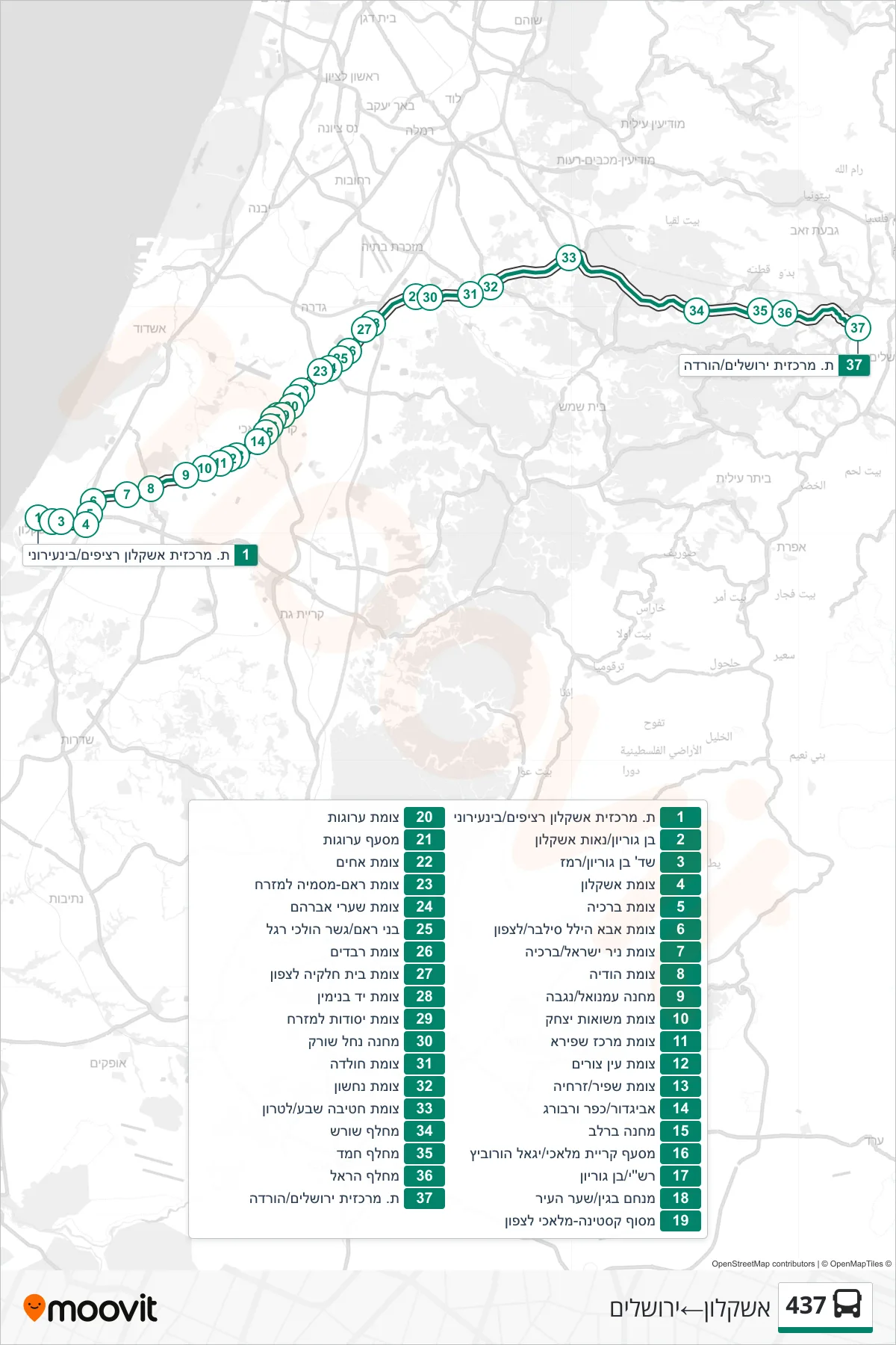 437 bus Line (Ashkelon→Jerusalem) route and stops on a map