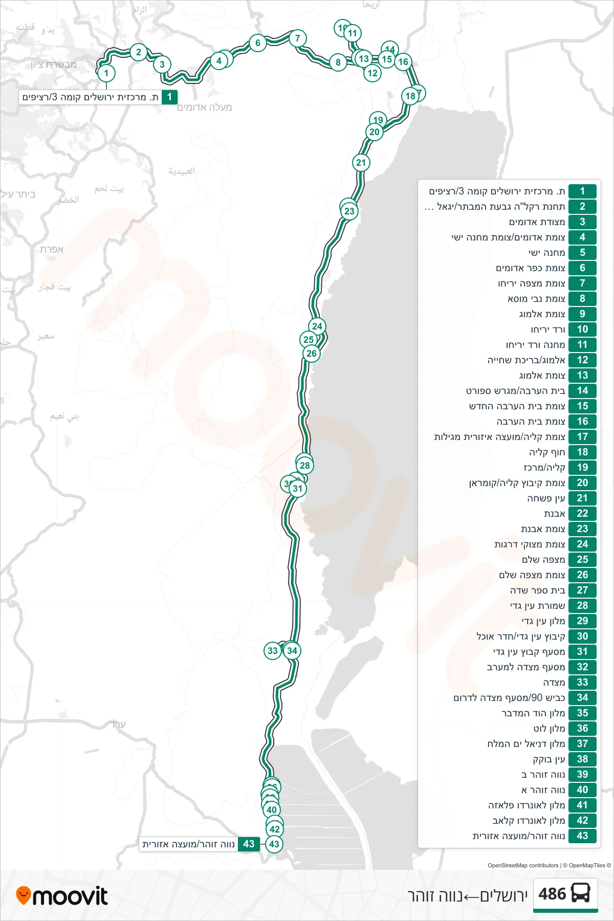 486  Line (Jerusalem‎→Neve Zohar) route and stops on a map