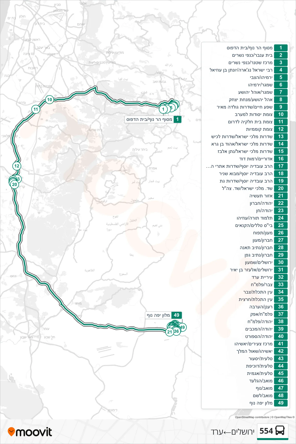 554  Line (Jerusalem‎→Arad) route and stops on a map